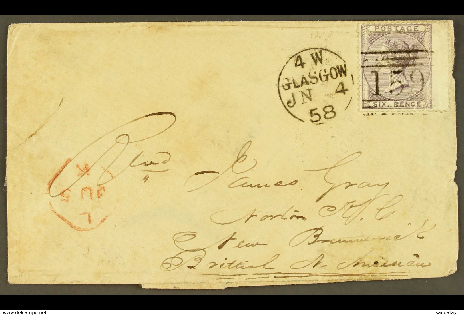 1858 (4 Jun) Env From Scotland To New Brunswick Bearing GB 6d 'no Corner Letters' Stamp Tied Glasgow Pmk & London Transi - Sonstige & Ohne Zuordnung