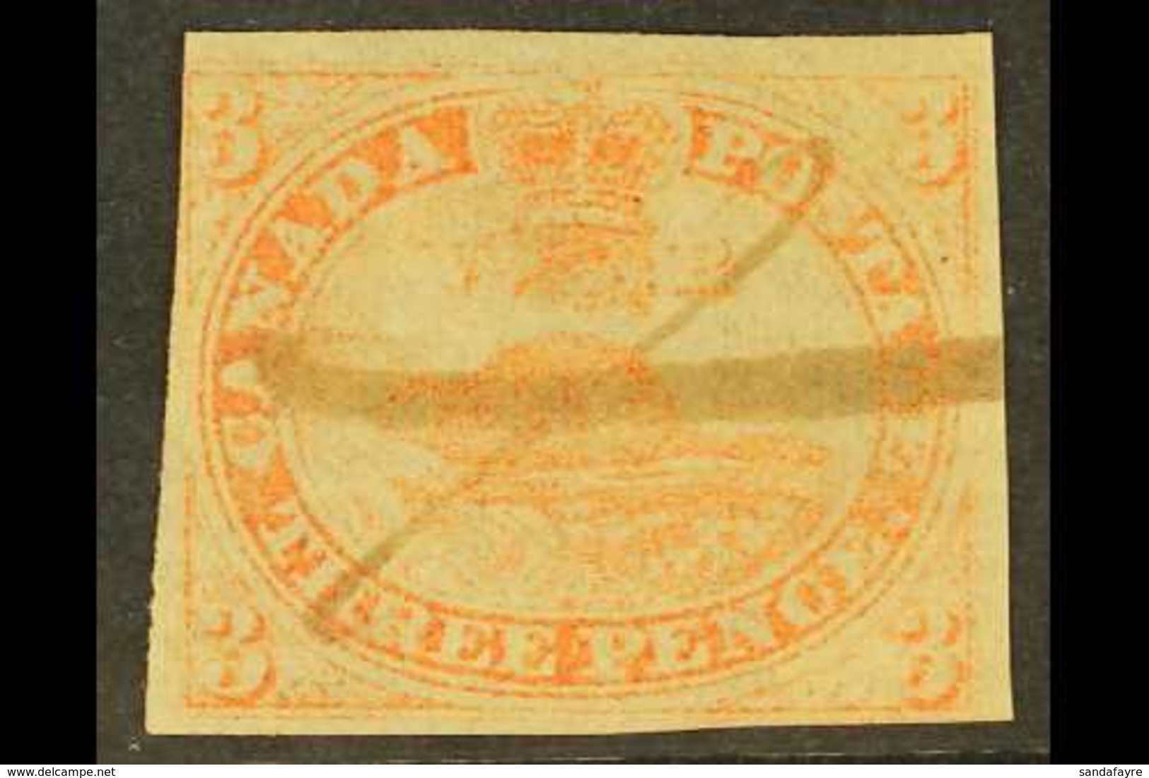 1851 3d Orange Vermilion Beaver On Laid Paper, SG 1a, Good Used Spacefiller, 3 Margins And Pen Cancel.  Cat £1100 For Mo - Autres & Non Classés