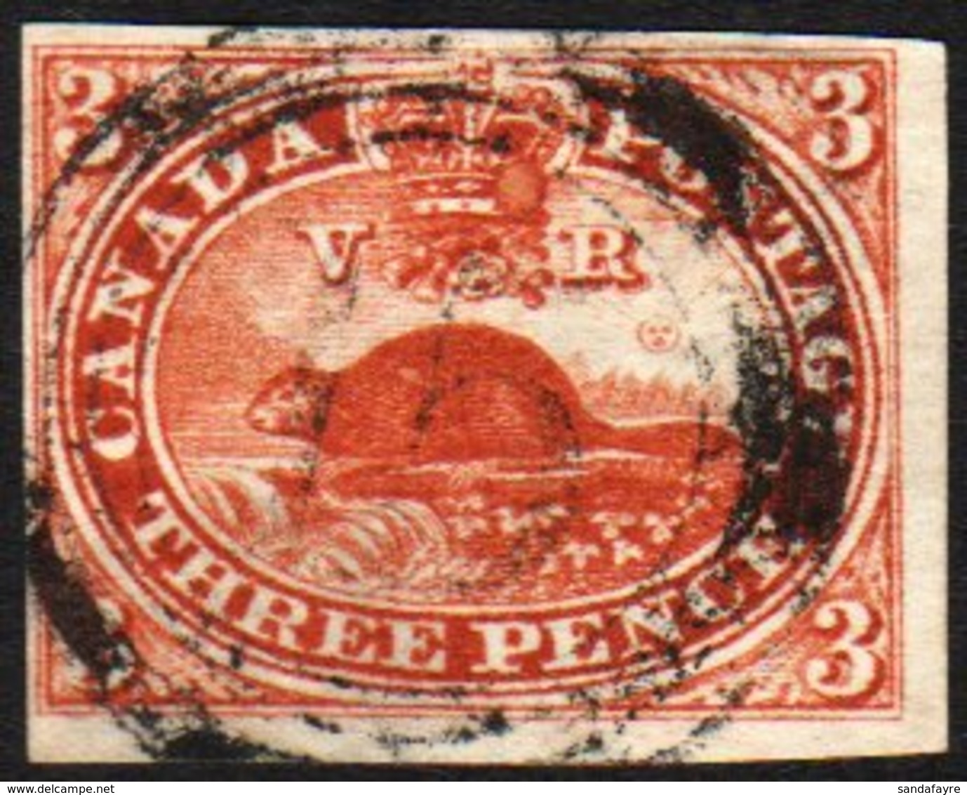 1857 3d Red Imperf Beaver On Machine-made Wove Paper, SG 18, Fine Used With Four Clear To Large Margins, And With Neat U - Sonstige & Ohne Zuordnung