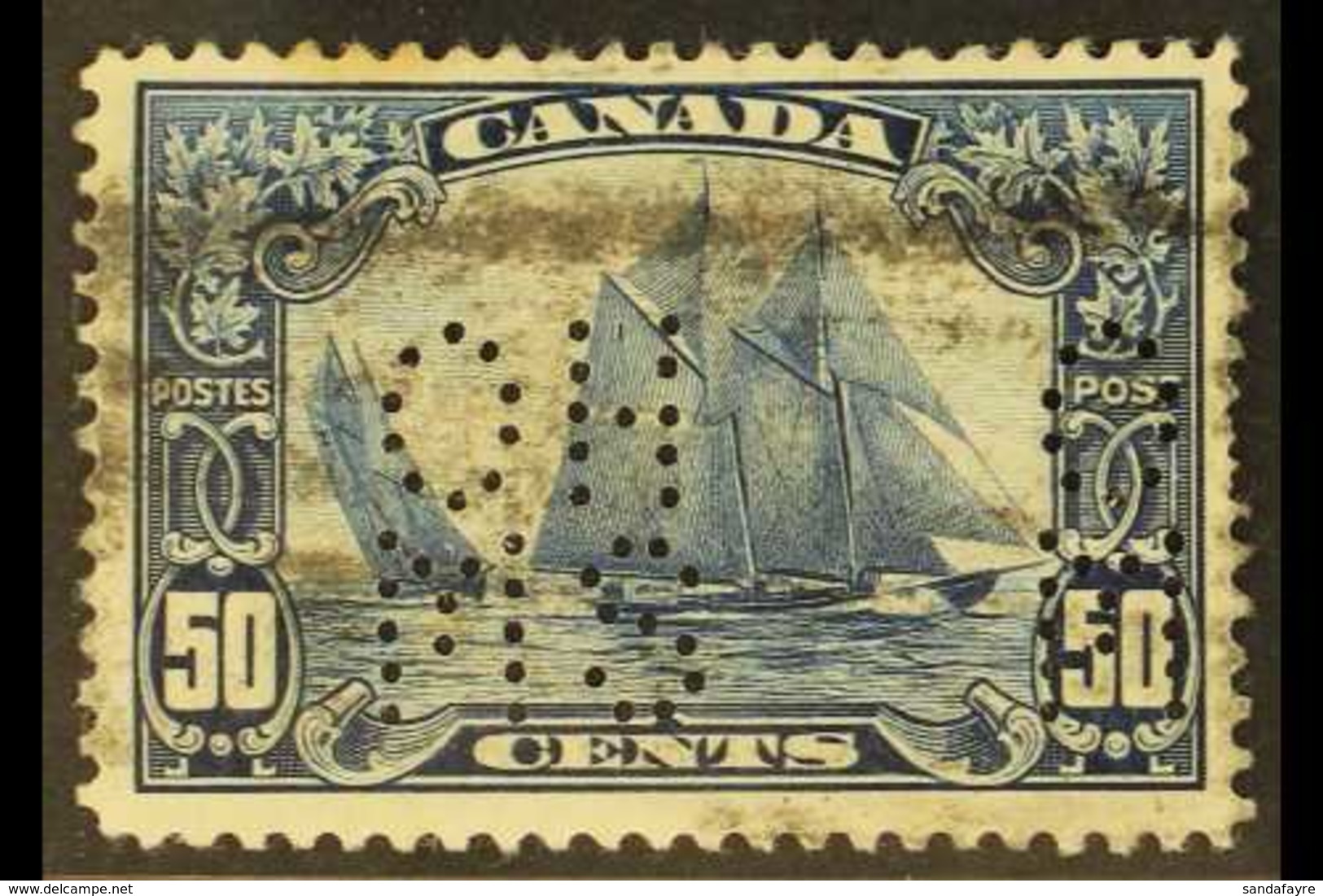 OFFICIAL 1928-29 50c Bluenose Punctured "O.H.M.S.", SG O39, Used, Some Perf Toning And A Light Tear Not Visible From The - Autres & Non Classés