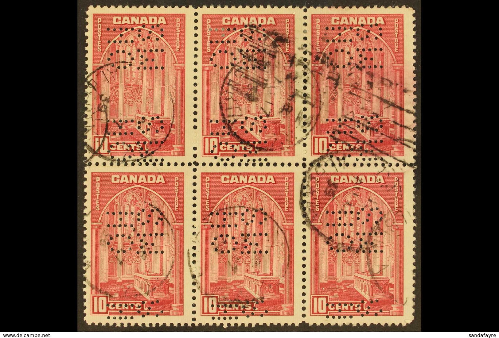 OFFICIAL 1937-38 10c Rose-carmine Punctured "O.H.M.S.", SG O103, Fine To Very Fine Used BLOCK OF SIX. (6 Stamps) For Mor - Autres & Non Classés