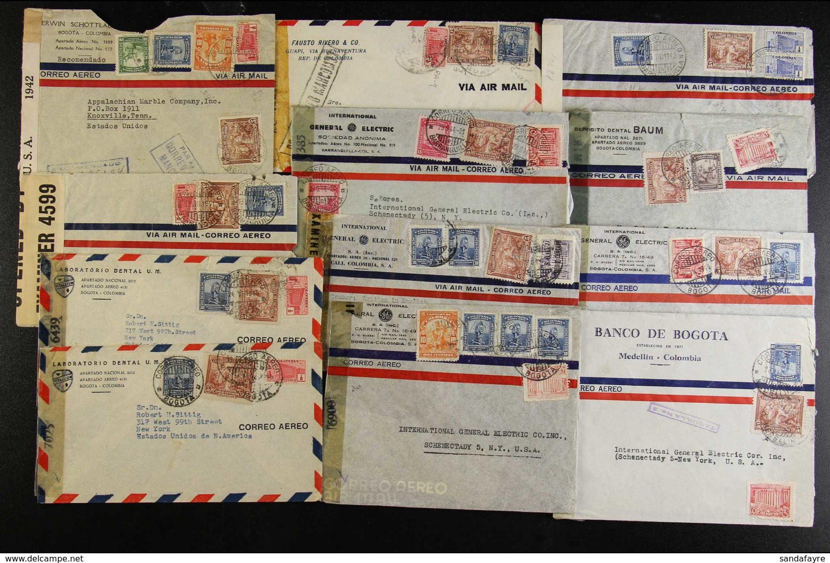 1942-1945 AIRMAIL CENSORED COVERS HOARD. An Interesting Accumulation In A Cigar Box Of Printed AIR MAIL Censor Opened Co - Colombie