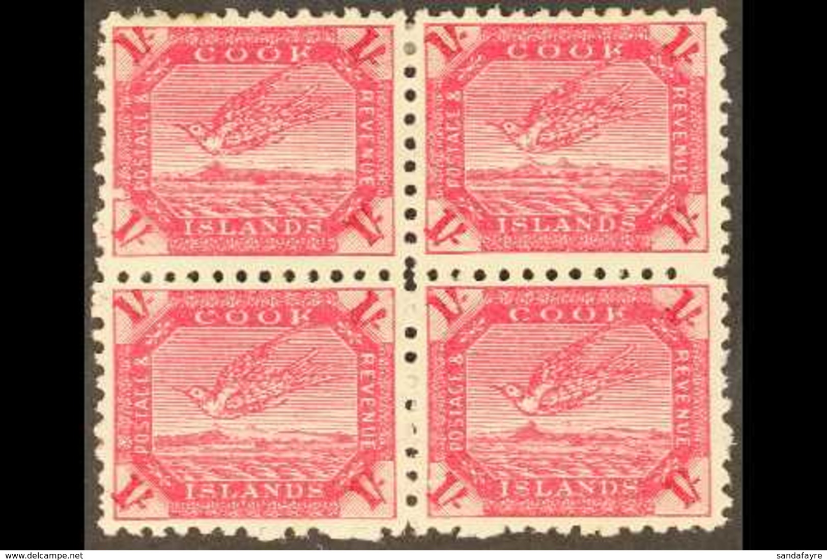 1893-1900 (perf 11) 1s Deep Carmine Torea (SG 20a) - A Very Fine Mint BLOCK OF FOUR, The Lower Pair NEVER HINGED. For Mo - Cookeilanden