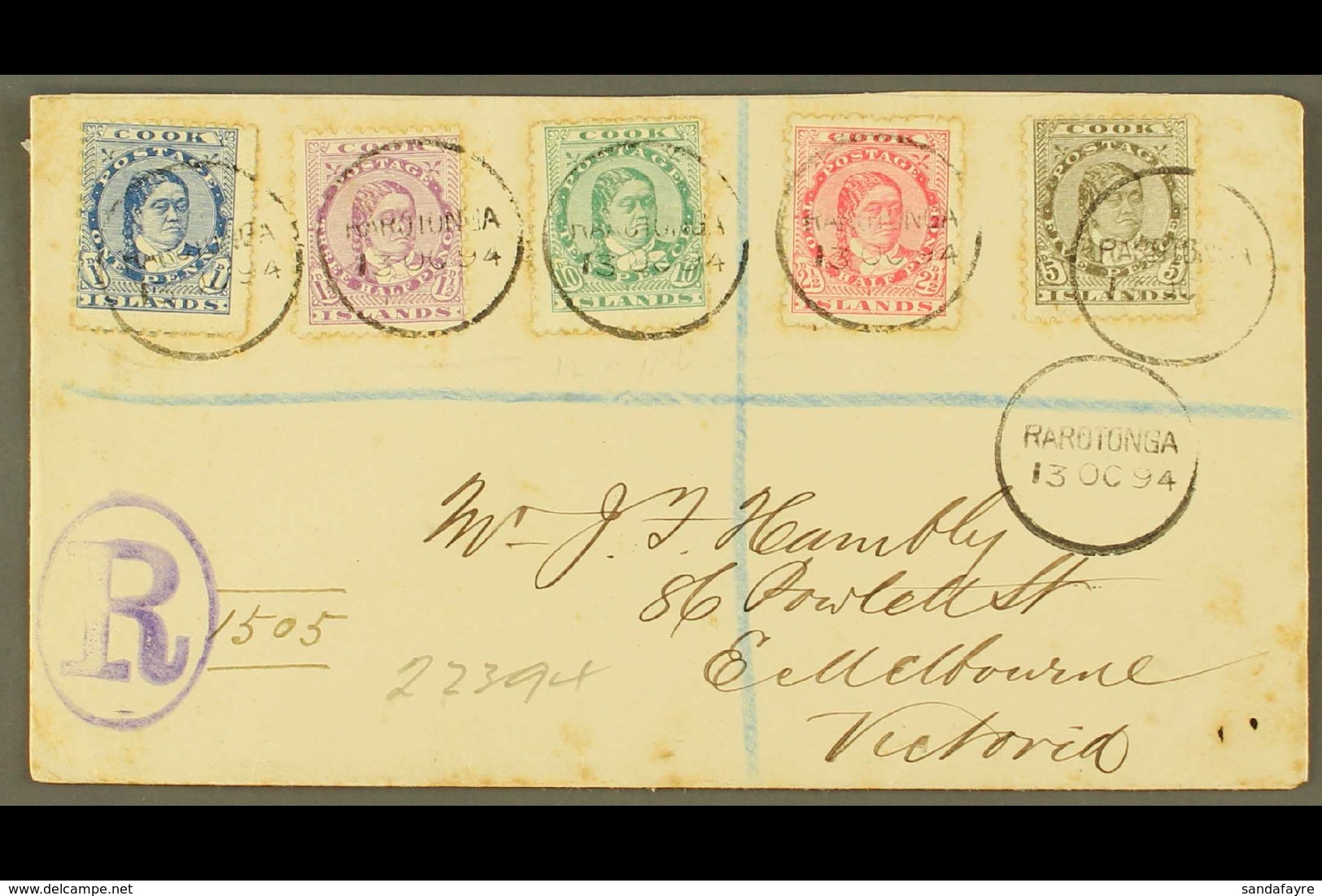 1894 (13th October) Envelope Registered To Victoria, Bearing Queen Makea Takau 1d Blue, 1½d, 2½d, 5d And 10d, Each Tied  - Cookeilanden