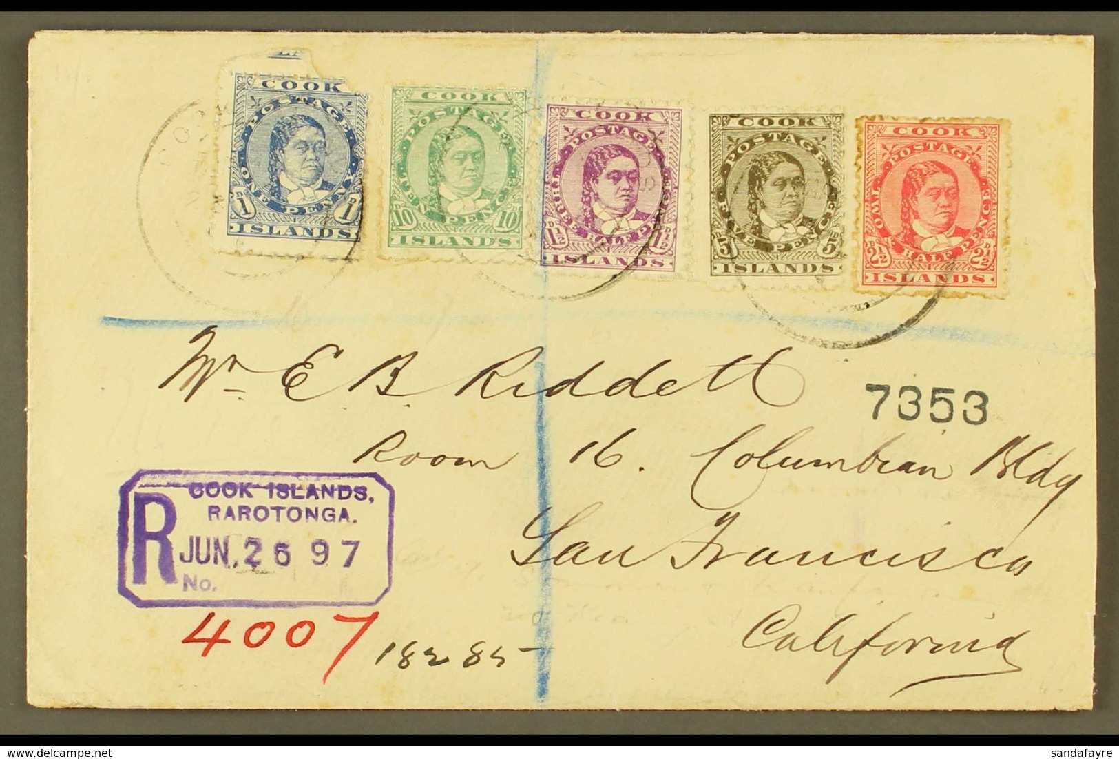 1897 (June) Highly Attractive Envelope Registered To San Francisco, Bearing Queen Makea Takau 1d, 1½d, 2½d, 5d And 19d,  - Cook