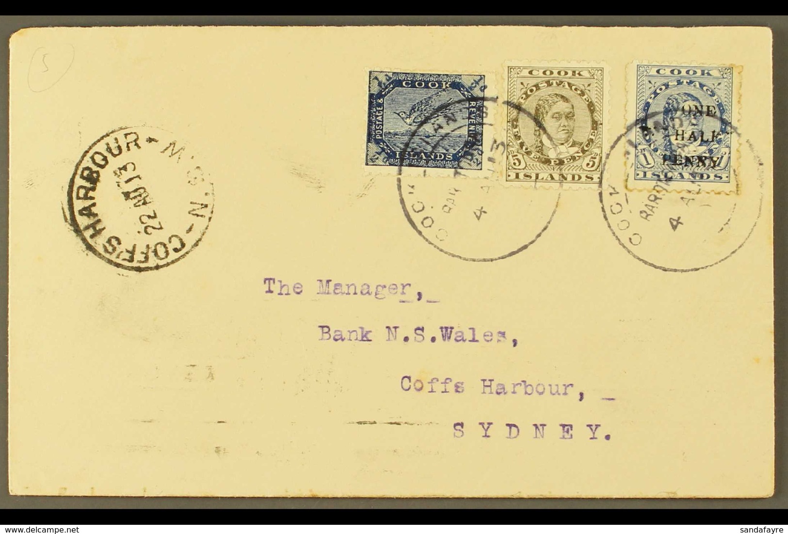 1913 (August) Envelope To Coffs Harbour NSW, Bearing ½d Tern, 5d Queen And ½d On 1d, SG 21, Tied By Cook Islands Raroton - Cook