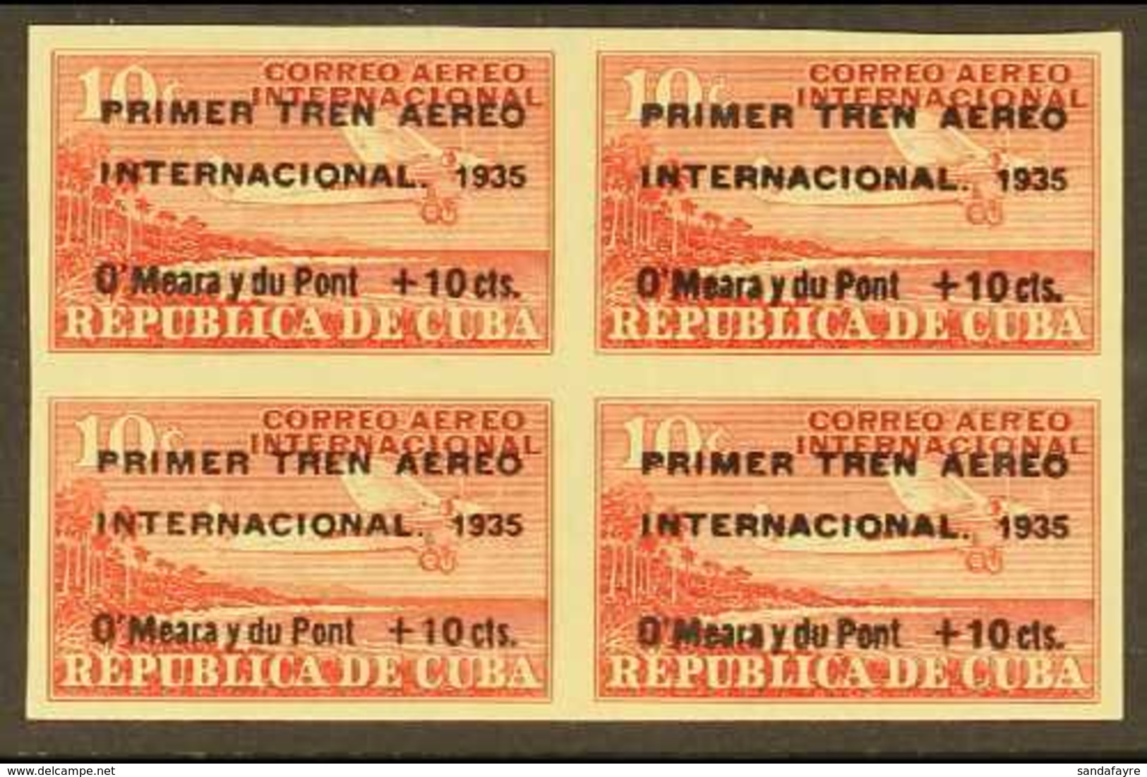 1935 AIR Miami-Havana "Air Train" 10c+10c Scarlet Imperf (Sc C17, SG 400A), BLOCK OF FOUR Never Hinged Mint. For More Im - Andere & Zonder Classificatie