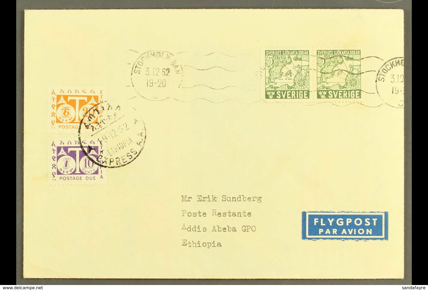 1962 POSTAGE DUE COVER From Sweden Bearing 5 Ore Pair, And With 1951 10c And 20c Postage Dues (SD D419/D420) Applied Tie - Ethiopie