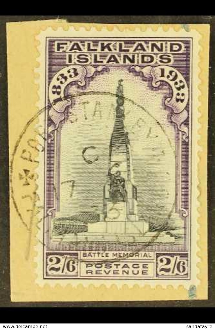 1933 Centenary 2s6d Black And Violet "Battle Memorial", SG 135, One Short Perf At Right, Tied On Small Piece By Fine Ful - Falklandinseln