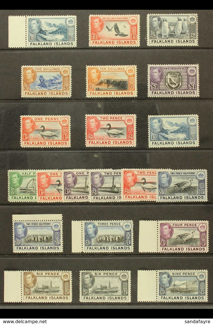 1938-50 Complete Definitive Set, SG 146/163, Fine Mint, Includes Additional Shades For 1d, 2d, And 1s, And With Many Val - Falkland Islands
