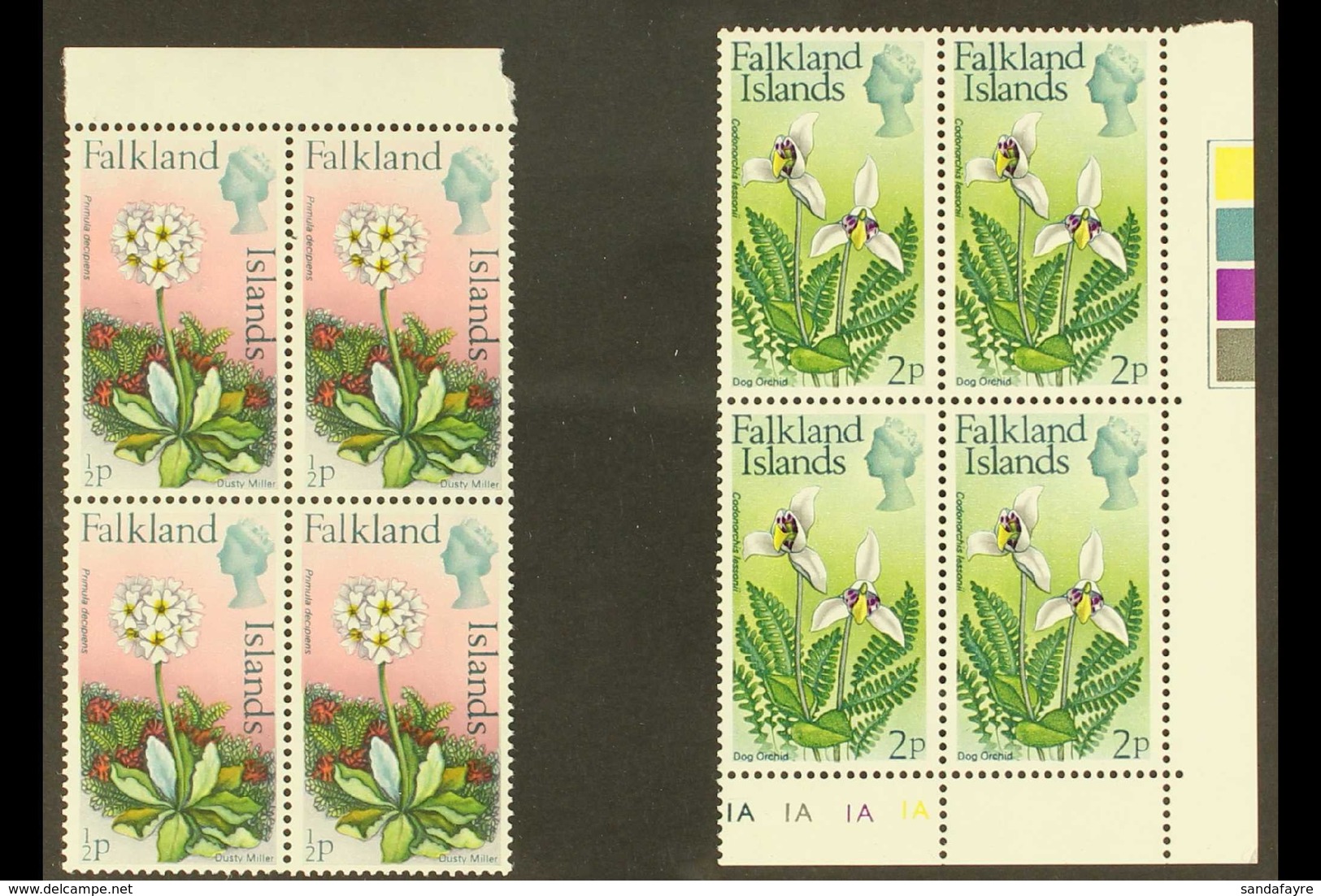 1974 Flowers Definitive ½d And 2d With Watermark Upright, SG 293/94, Never Hinged Mint Marginal BLOCKS OF FOUR. (2 Block - Falklandinseln