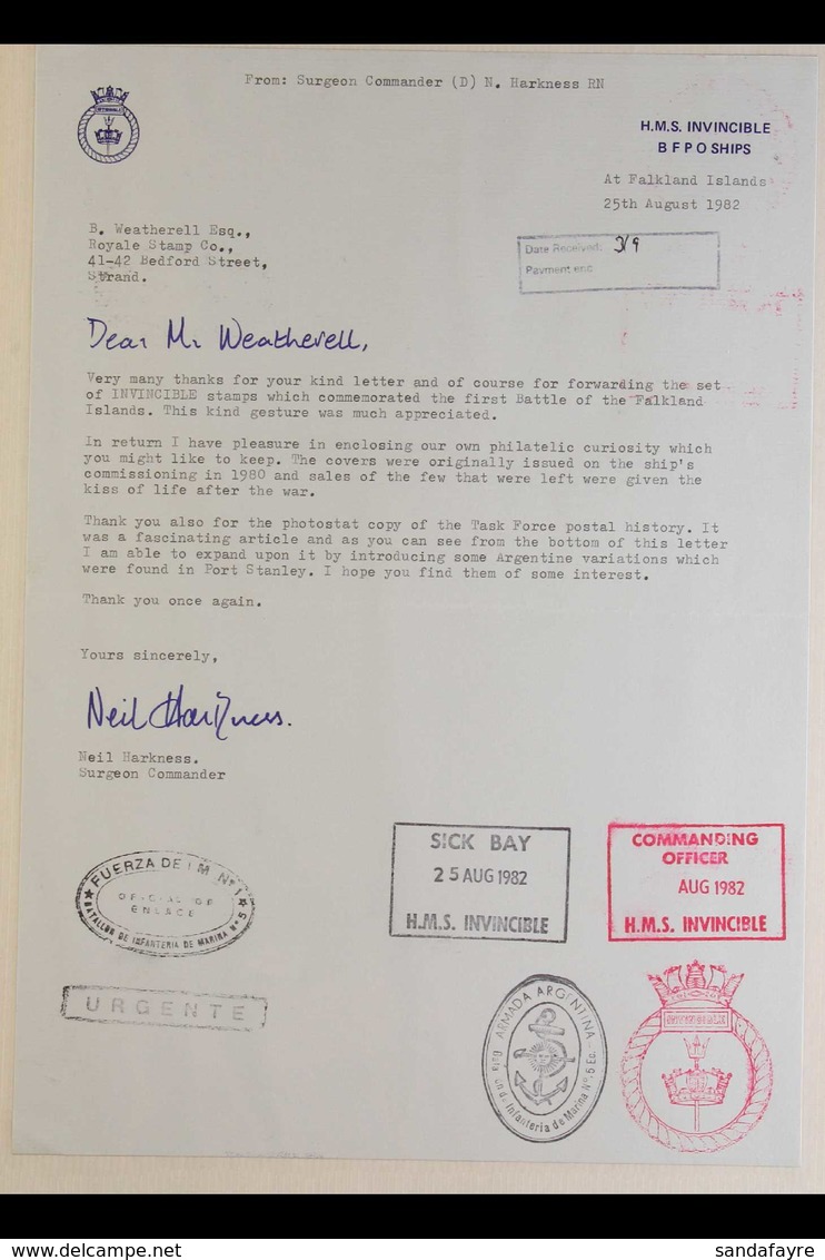 1982 CONFLICT, ARGENTINE CACHETS. 25 August 1982 Typed Letter On "H.M.S. Invincible / BFPO Ships" Letter Head From The S - Falklandinseln