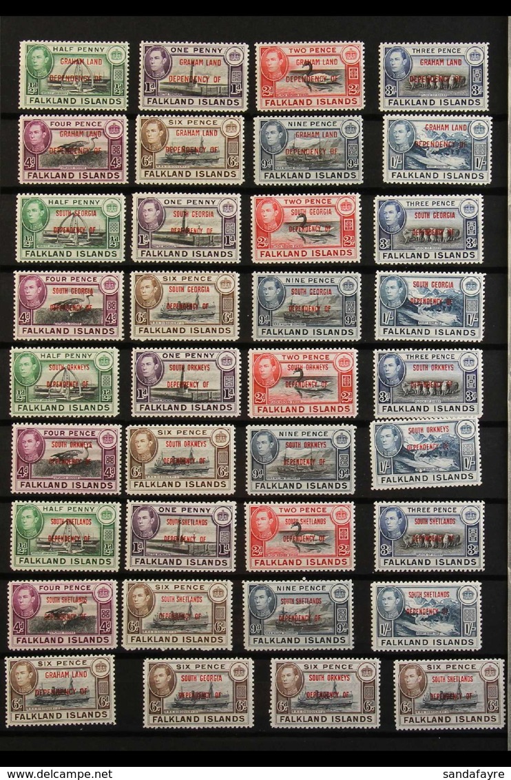 1944-45 Overprinted Complete Sets For All Four Dependencies, SG A1/D8, Including All Four 6d Additional Shades, SG A6a/D - Falkland
