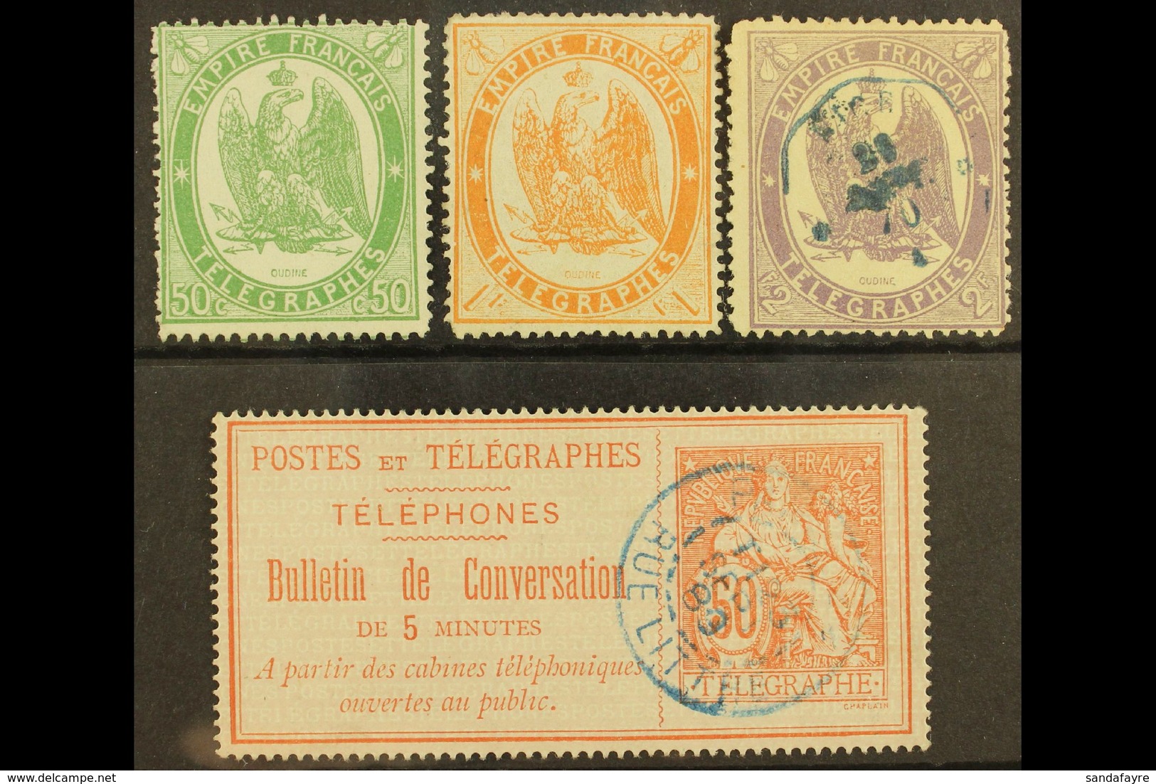 TELEGRAPH STAMPS 1868 (perf) 50c Yellow-green Mint (no Gum), 1f Dull Orange Mint (part Original Gum), And 2f Lilac Used. - Other & Unclassified