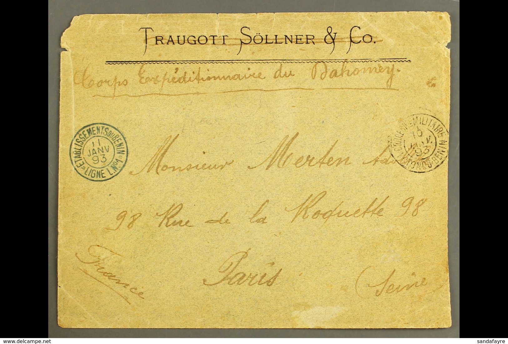 BENIN 1893 Military Cover To Paris With M/s "Corps Expeditionnaire Du Dahomey" With "Correspce Militaire Kotonou Benin 1 - Autres & Non Classés