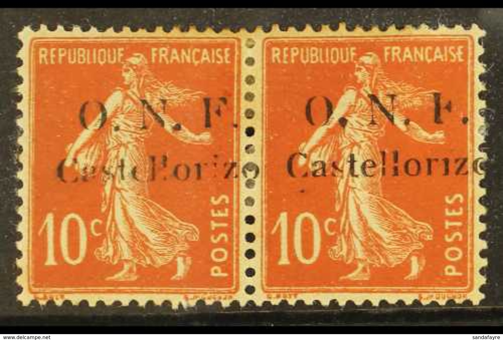 CASTELROSSO 1920 10c Red "Semeuse" Pair, One Stamp With Undotted "i" And Broken "F", Yv 28a (B), Mint With Lightly Toned - Autres & Non Classés