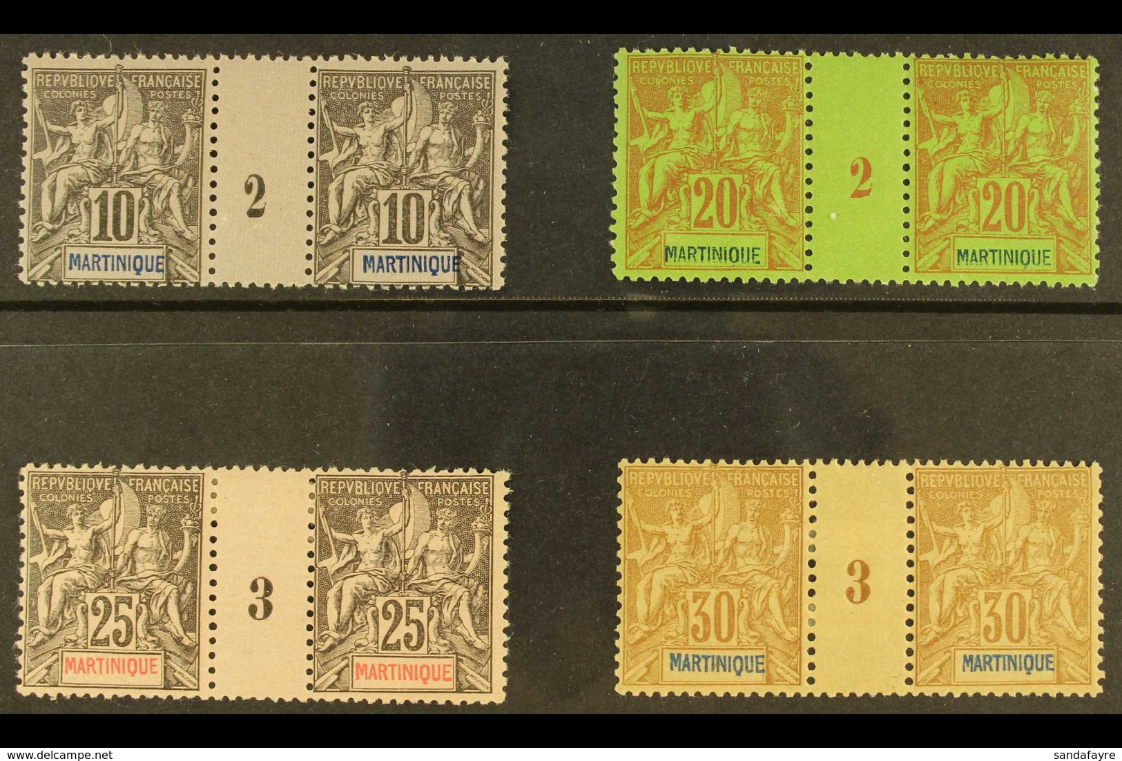 MARTINIQUE 1892 "Tablet" 10c, 20c, 25c And 30c (Yvert 35 & 37/39) In MILLESIMES PAIRS, Very Fine Mint (the 10c And 20c N - Sonstige & Ohne Zuordnung