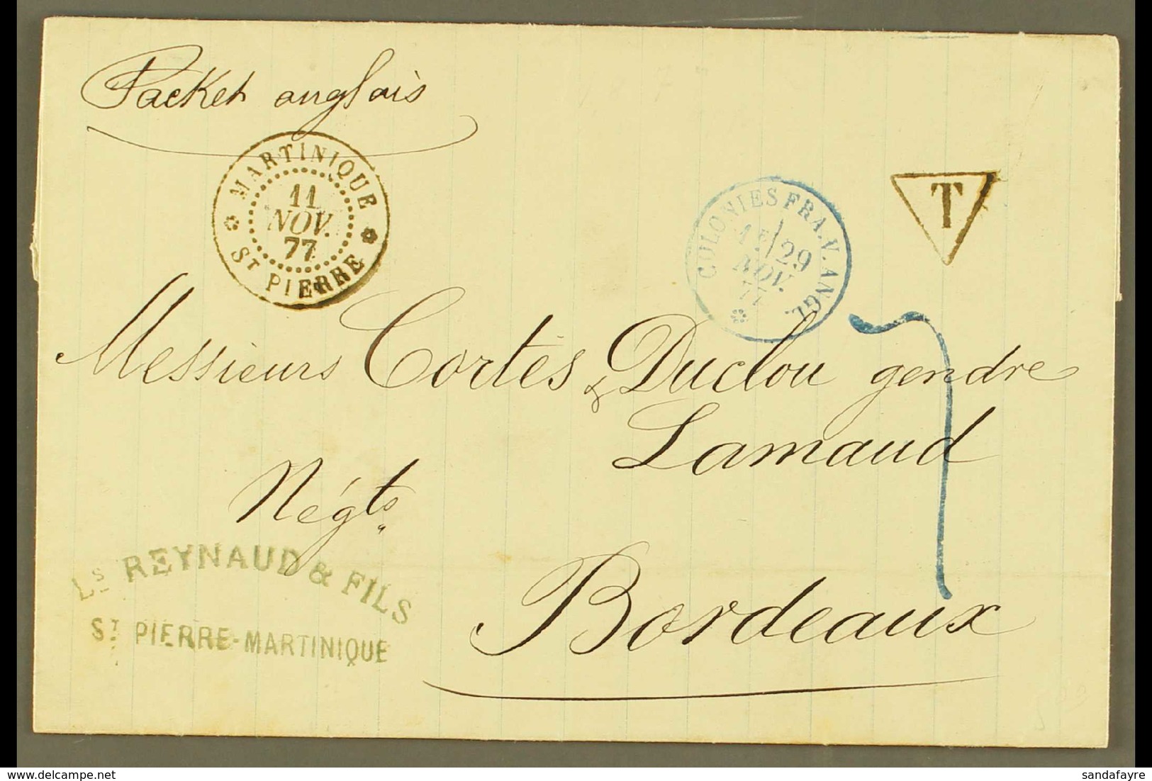 MARTINIQUE POSTAGE DUE 1877 Unfranked Letter From St Pierre To Bordeaux Via The British Packet With Fine Martinique St P - Autres & Non Classés