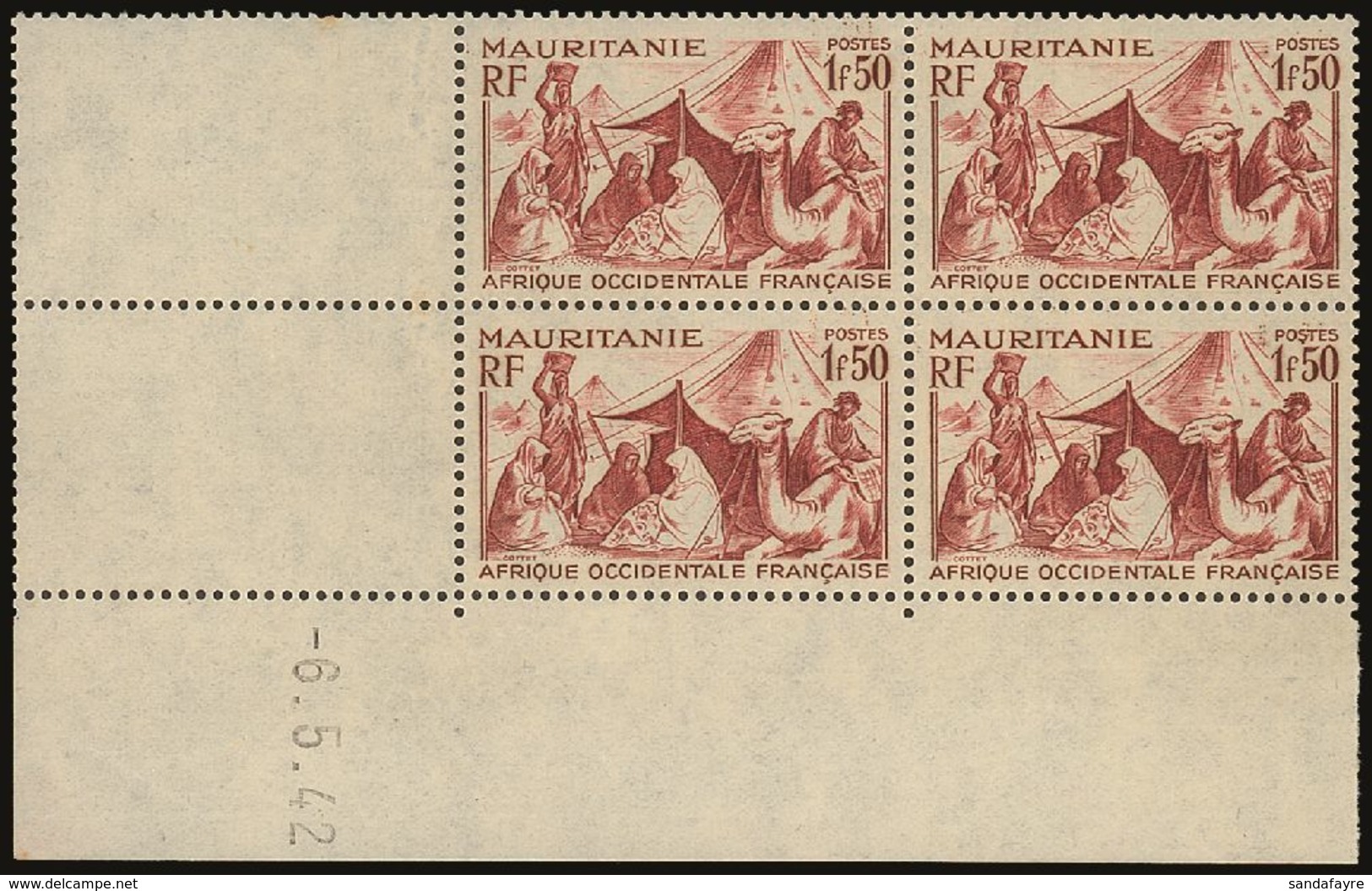 MAURITANIA 1942 1fr 50 Brown Red Bedouin Camp, Yv 112A, Superb NHM Dated Corner Block Of 4 (lightly Hinged On Selvedge). - Autres & Non Classés