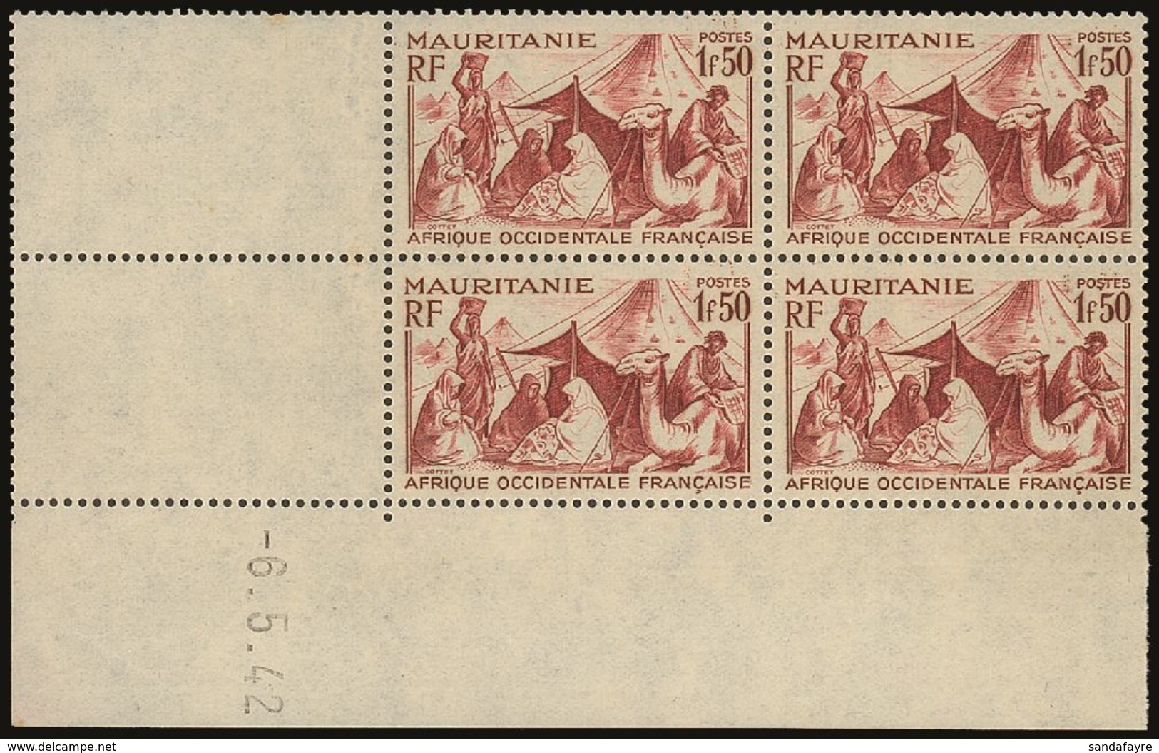 MAURITANIA 1942 1fr 50 Brown Red Bedouin Camp, Yv 112A, Superb NHM Dated Corner Block Of 4 (lightly Hinged On Selvedge). - Sonstige & Ohne Zuordnung