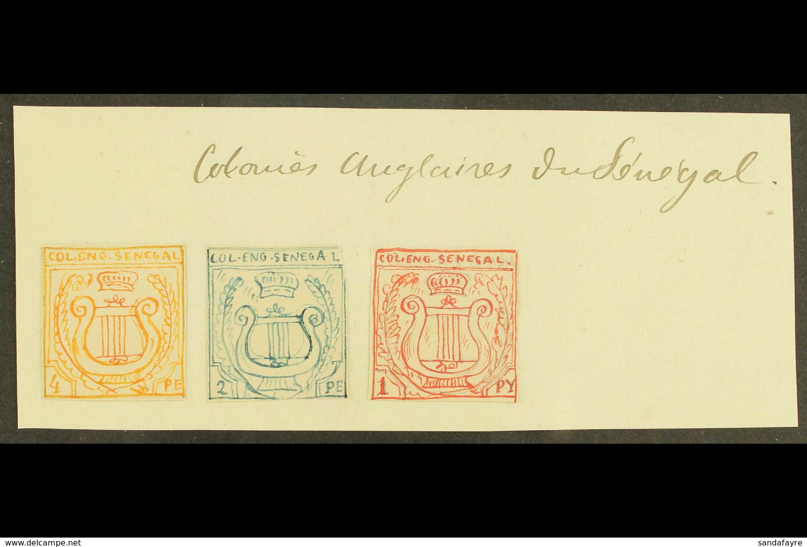 THE ENGLISH COLONY OF SENEGAL? Three Small Stamp Sized Hand Painted Essays Created In 1861 By An Artist From France, Fea - Sonstige & Ohne Zuordnung