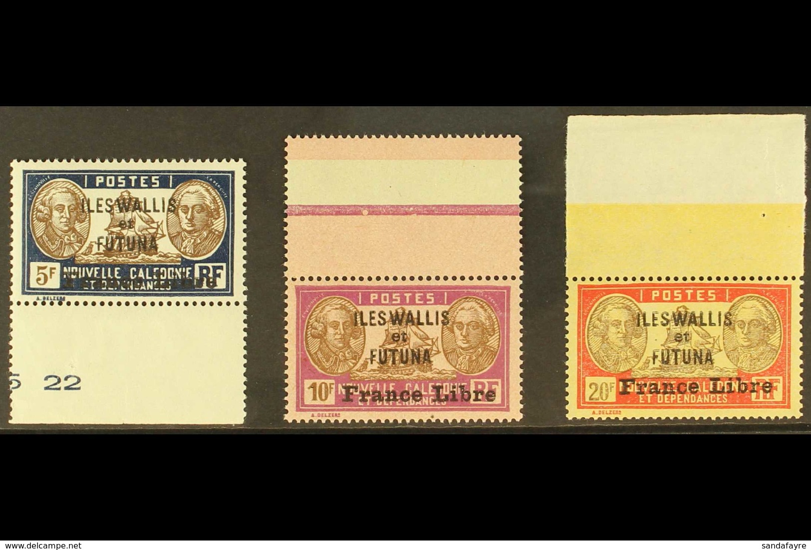 WALLIS ET FUTUNA 1941 "France Libre" Overprinted High Values, 5f To 20f, Yv 122/24, Never Hinged Mint (3 Stamps) For Mor - Autres & Non Classés