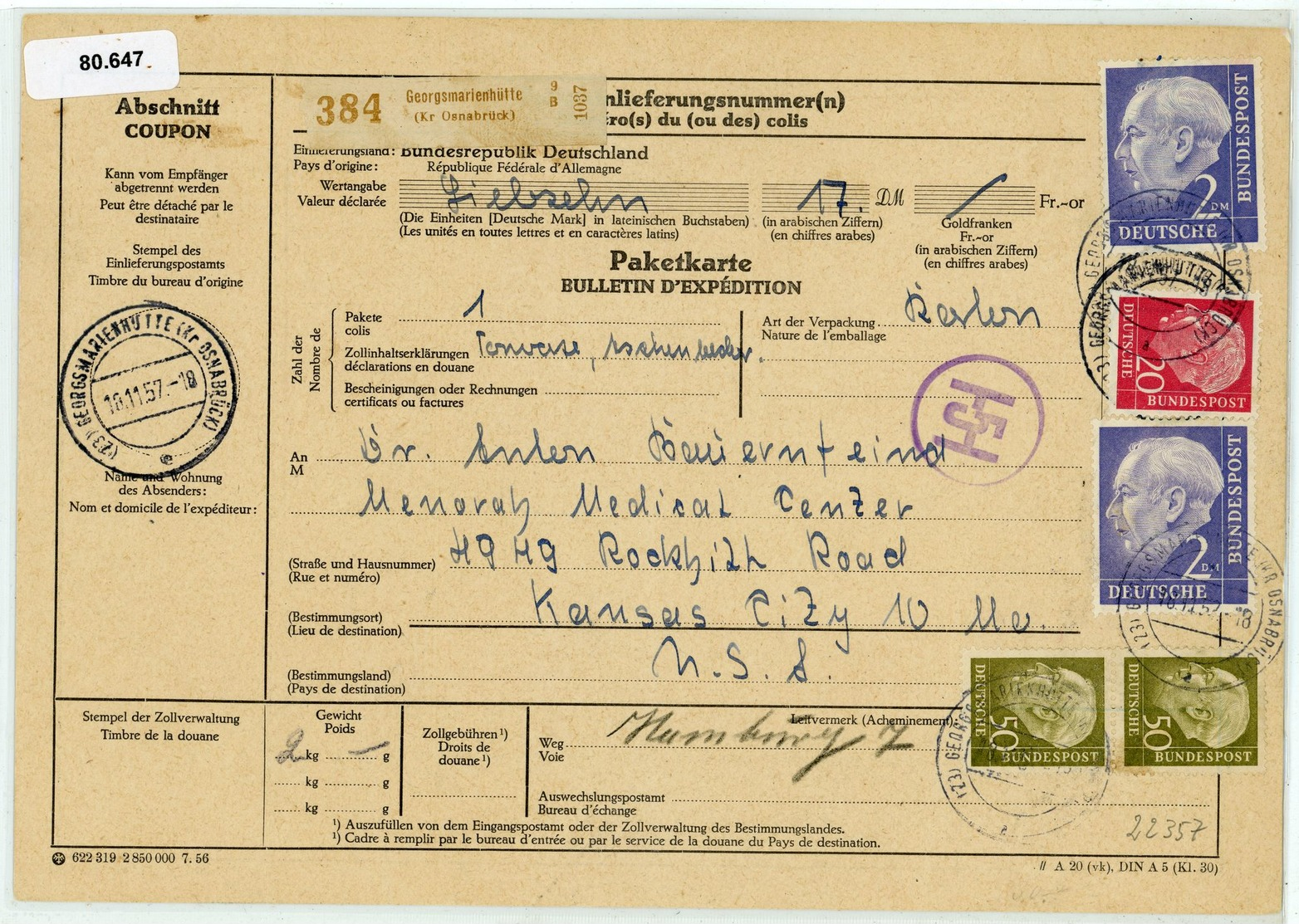Nr 195 MIF Aus "GEORGSMARIENHÜTTE  (Kr. Osnabrück)" In Die USA - Lettres & Documents