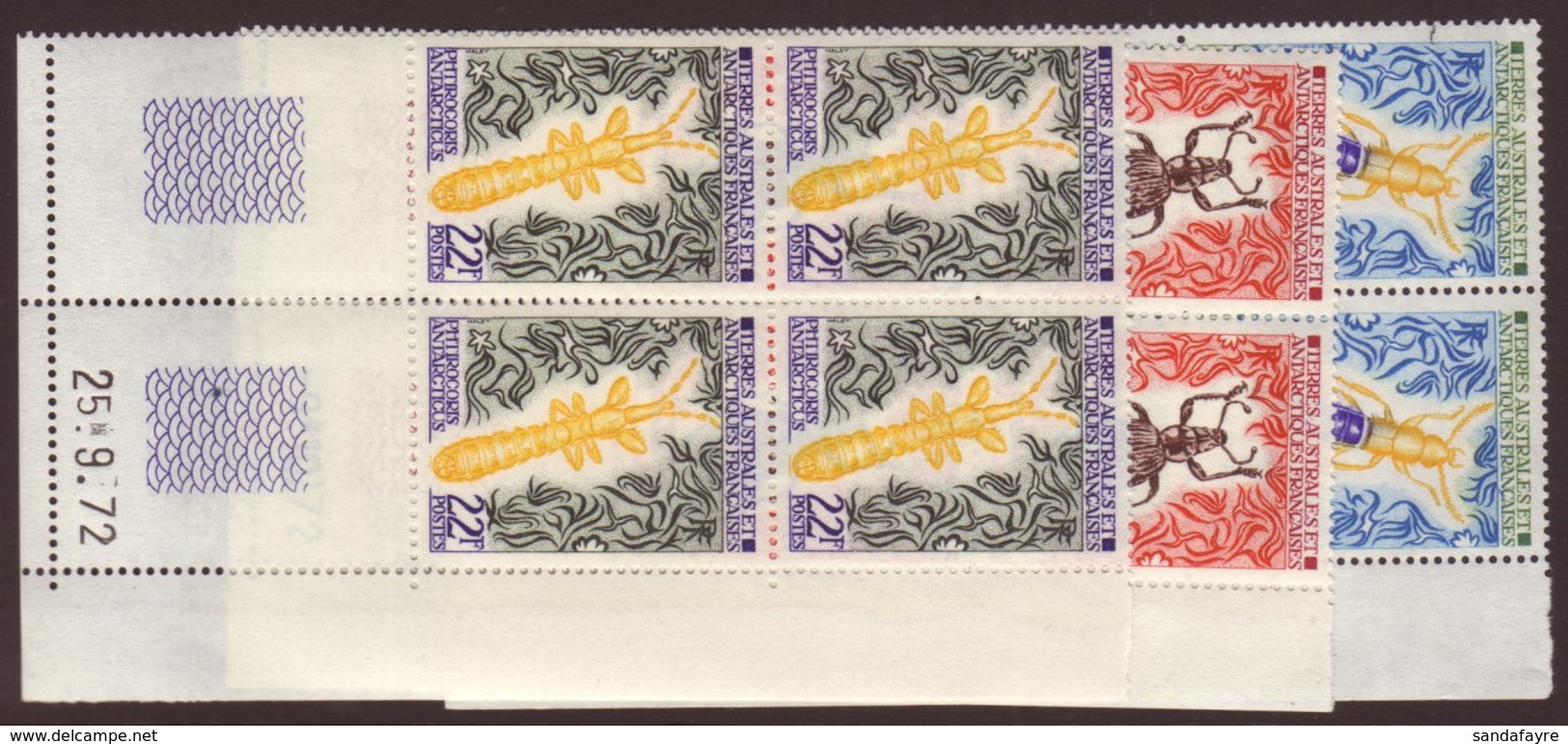 TAAF 1973 Insects Complete Set, Yv 49/51, In Superb Never Hinged Mint Corner Date Blocks Of Four. (12 Stamps) For More I - Autres & Non Classés