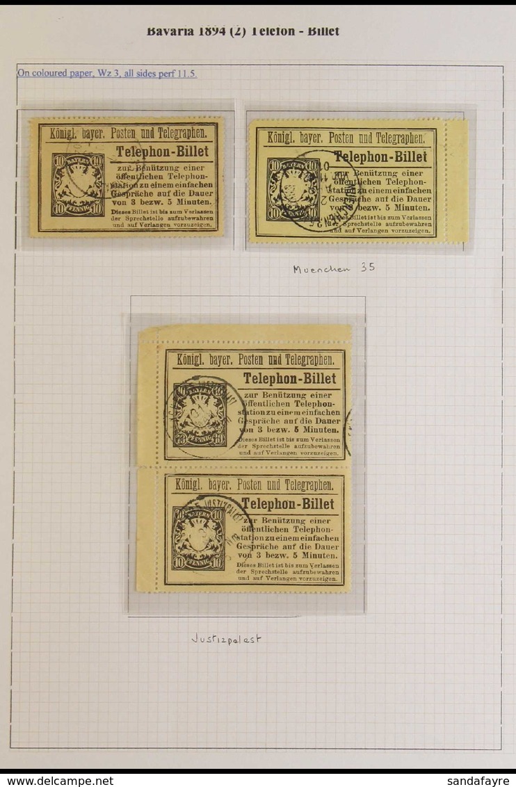 BAVARIA STATE TELEPHONE SERVICE 1894 Fine Used Group In Hingeless Mounts On Leaves, Includes 1894 50pf & 1m White Papers - Autres & Non Classés