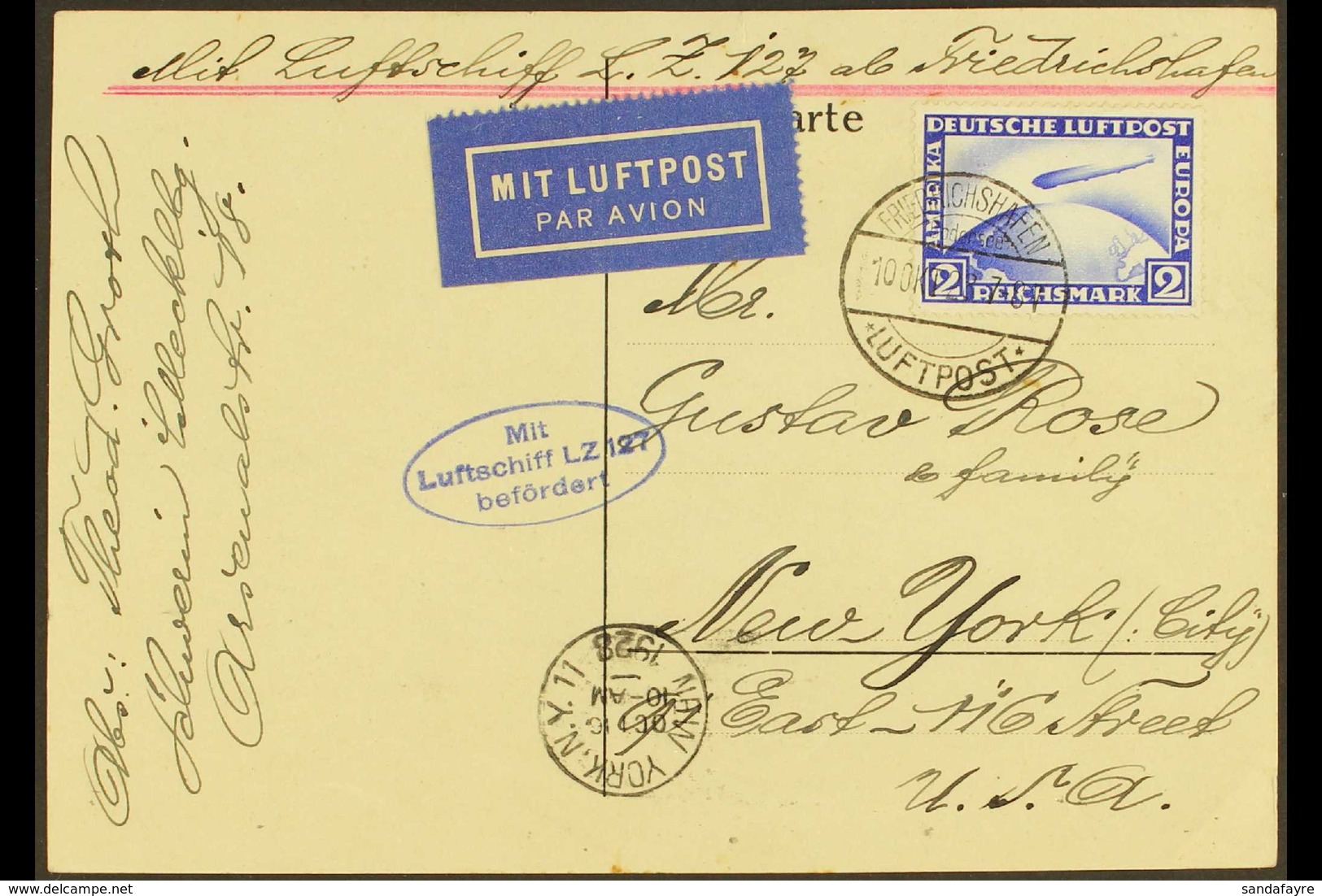 1928 2M Ultramarine "Zeppelin" On Neat Card To New York , Blue LZ127 Oval Cachet & New York Receiving Cds. Lovely Item.  - Sonstige & Ohne Zuordnung