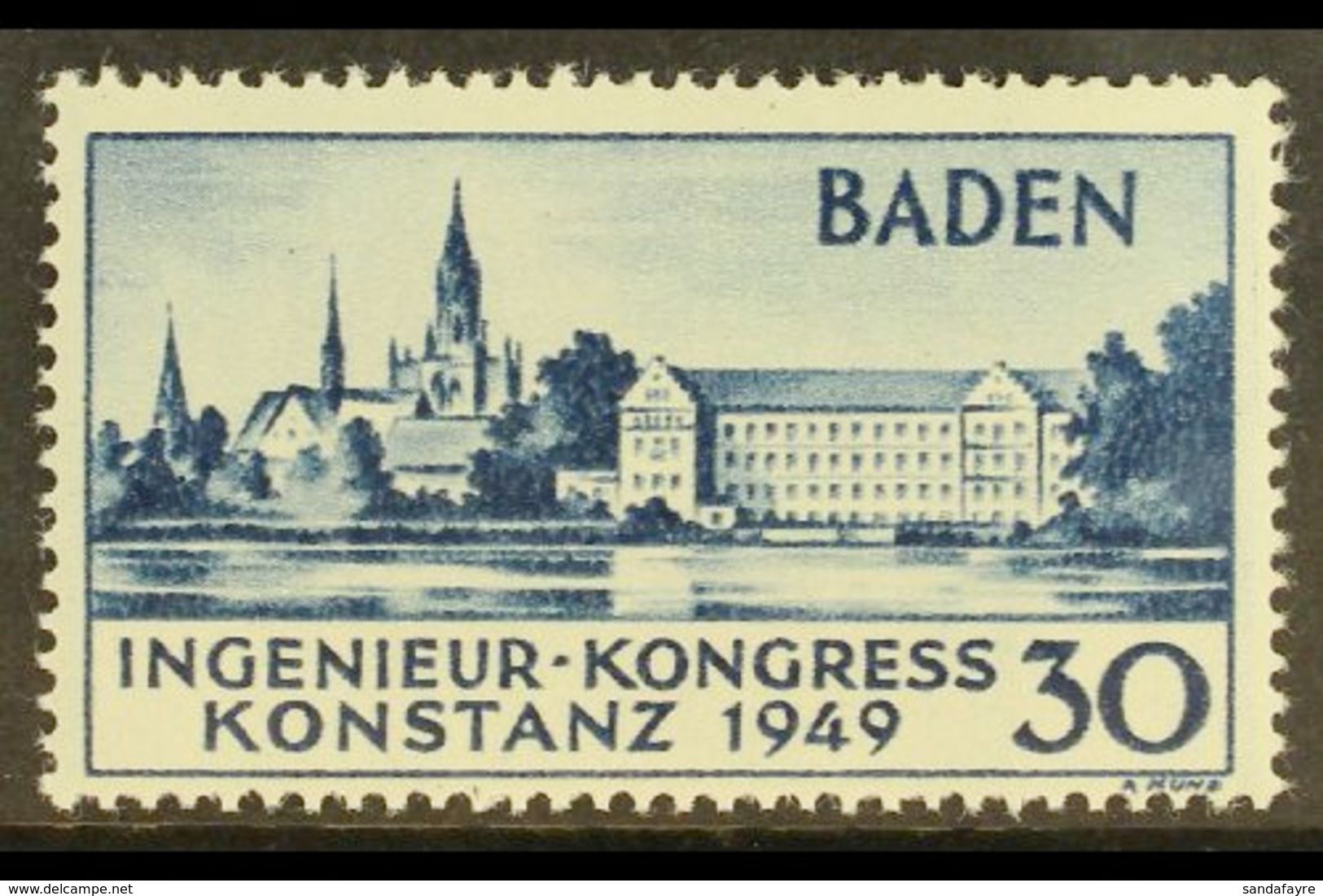 FRENCH ZONE BADEN 1949 30pf Blue Engineers' Congress SECOND PRINTING (Michel 46 II, SG FB46a), Never Hinged Mint, Fresh  - Sonstige & Ohne Zuordnung