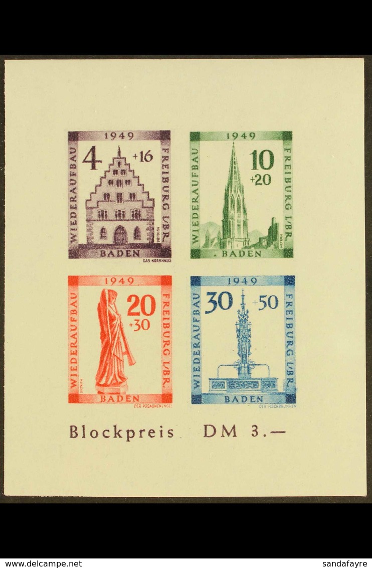 FRENCH ZONE BADEN 1949 Freiburg Rebuilding Fund Imperf Mini-sheet With 10pf Stamp With Ink Spot On Left Next To "B" Of " - Sonstige & Ohne Zuordnung