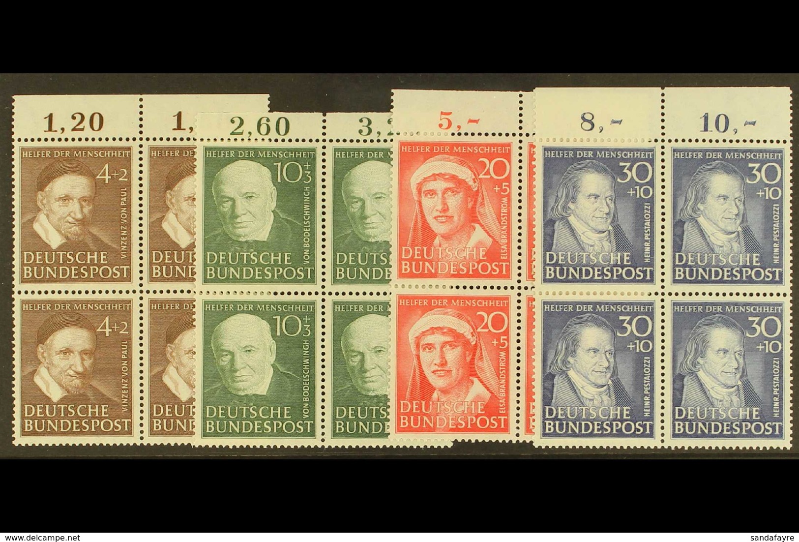 1951 Humanitarian Relief Fund Complete Set (Michel 143/46, SG 1069/72), Superb Never Hinged Mint Upper Marginal BLOCKS O - Sonstige & Ohne Zuordnung