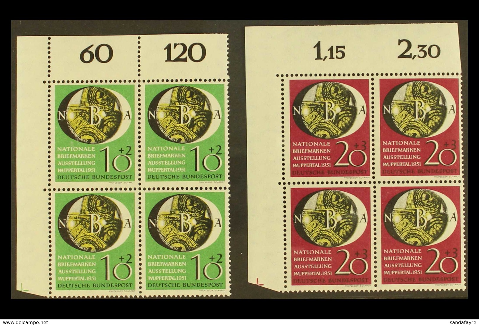 1951 Philatelic Exhibition Complete Set (Michel 141/42, SG 1067/68), Superb Never Hinged Mint Upper Left Corner BLOCKS O - Autres & Non Classés