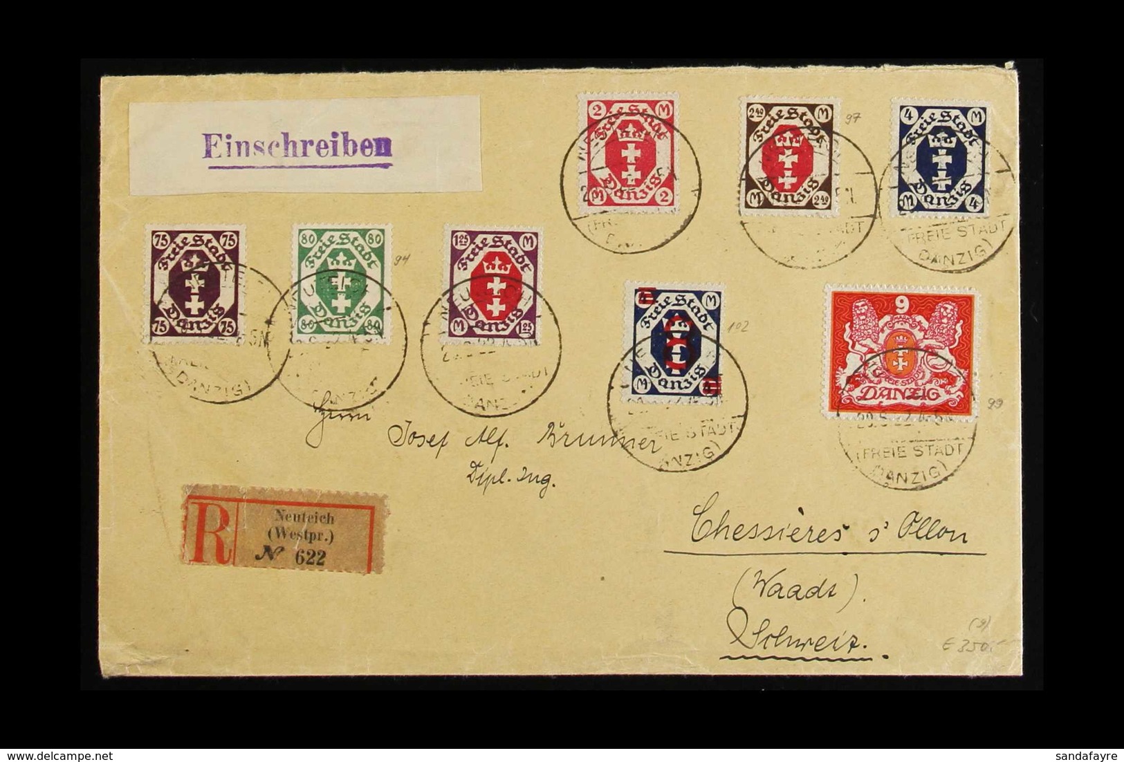 1922 (29 JUN) REGISTERED COVER To Chesieres-sur-Ollon (Vaud) Switzerland Bearing 1922 9m "Large Arms" (Michel 99), 1922  - Autres & Non Classés