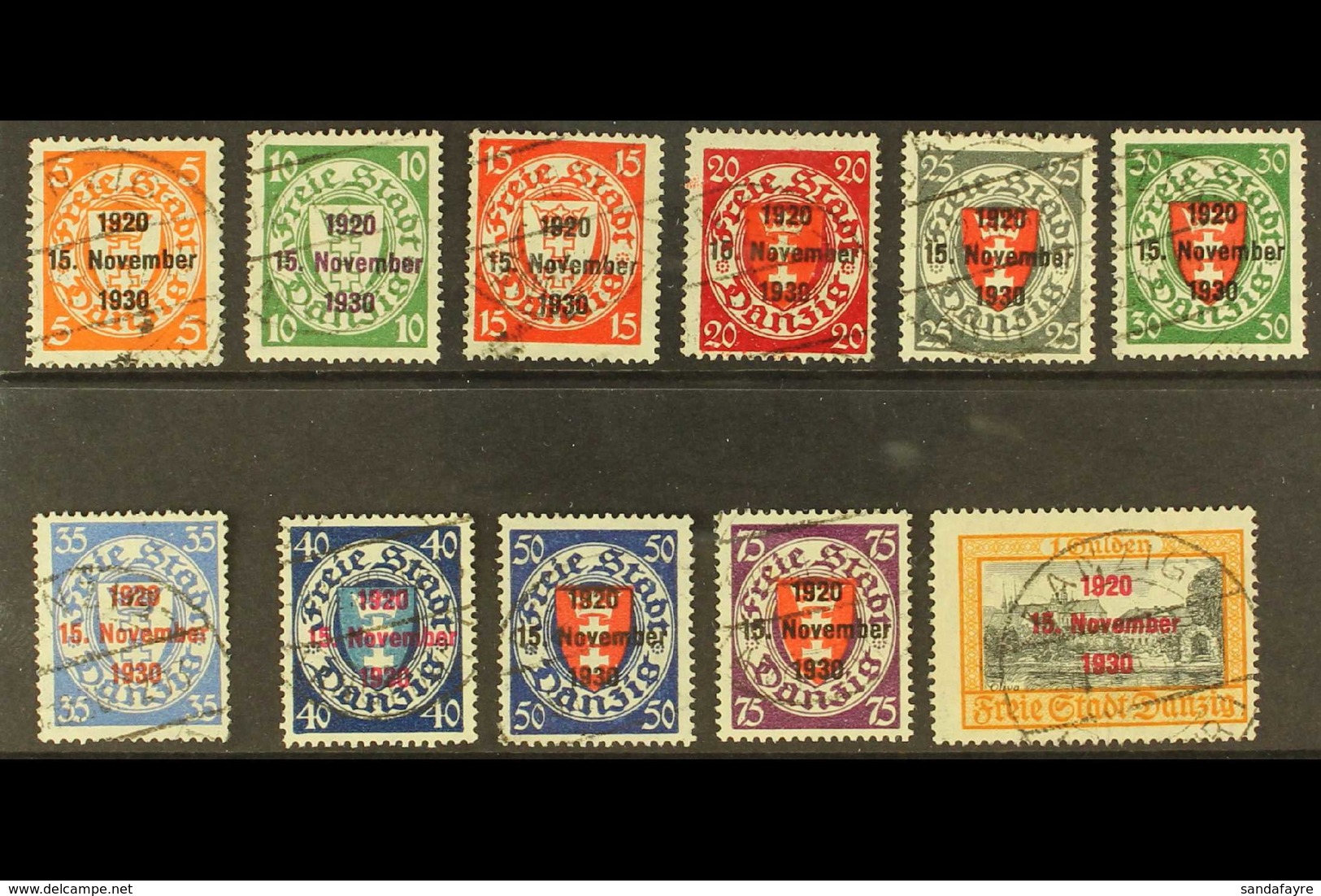 1930 Tenth Anniv Of Free City Of Danzig Overprints Complete Set, Michel 220/230, Very Fine Used, Expertised KNIEP BPP. ( - Autres & Non Classés