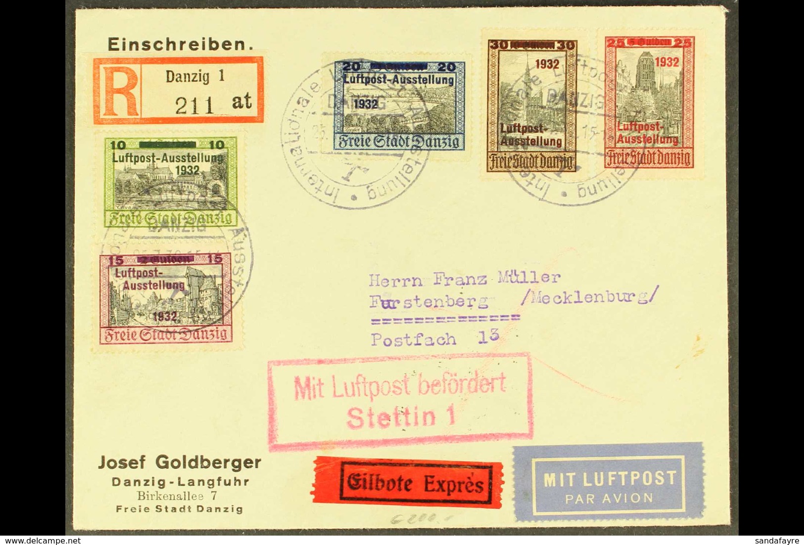 1932 Air Mail Exhibition Complete Set, Michel 231/235, On Registered Air Express Cover To Mecklenburg, These Tied By Spe - Altri & Non Classificati