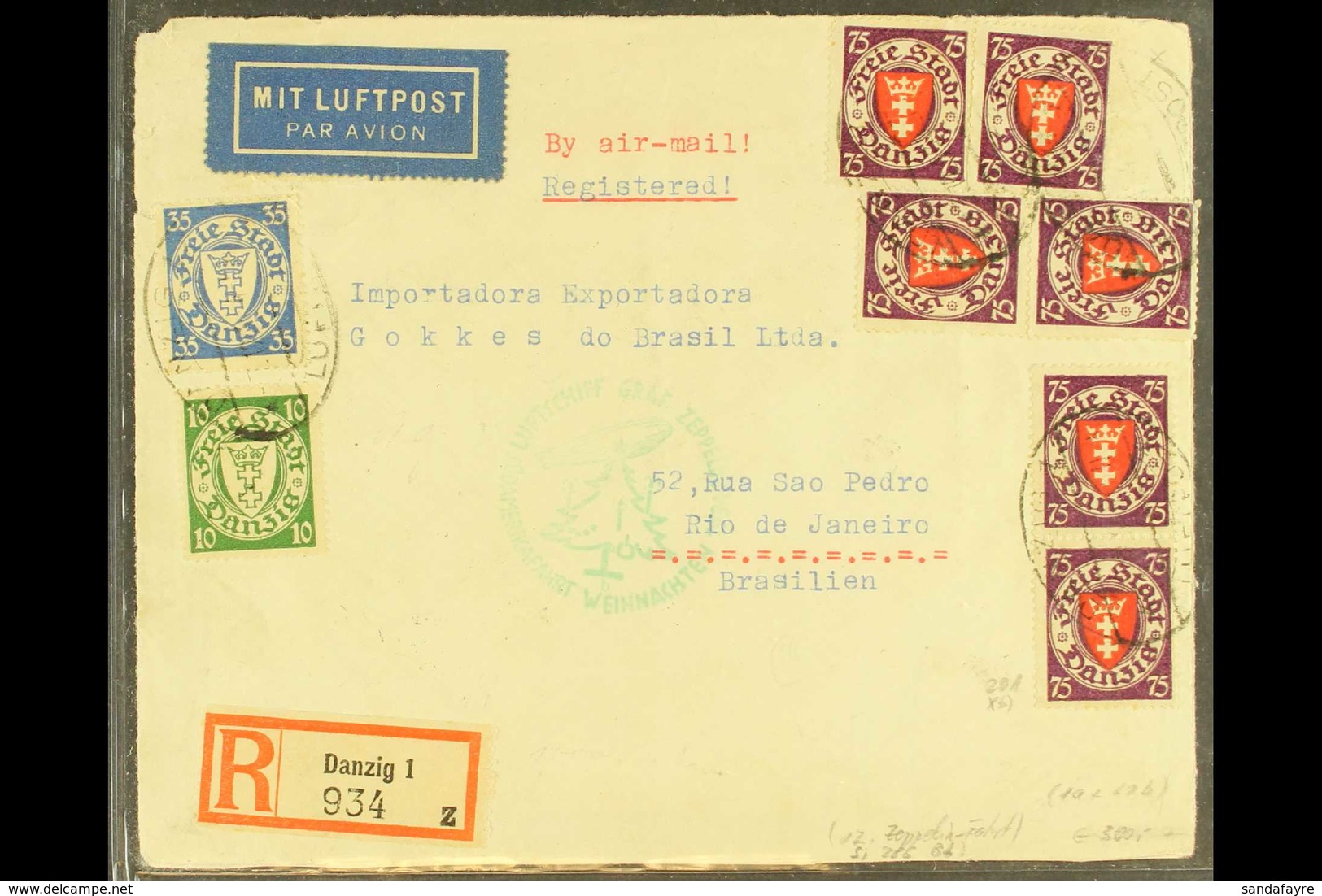 1934 ZEPPELIN COVER TO BRAZIL 1934 (7 Dec) Registered Commercial Air Cover To Brazil Bearing 1924-38 75pf X8 (Michel 201 - Autres & Non Classés