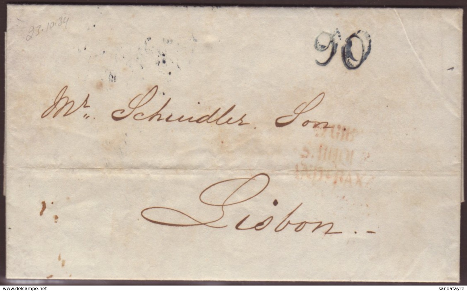 1834 (Oct) Entire Letter From Gibraltar To Lisbon, Showing Three Line "DE GIBR./S. ROQUE/ANDA. BAXA" In Red, And "90" Ra - Gibraltar