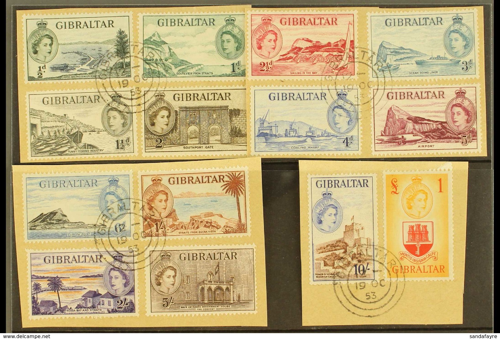 1953-59 Pictorials Complete Set, SG 145/58, Superb Cds Used On Pieces, Very Fresh. (14 Stamps) For More Images, Please V - Gibraltar