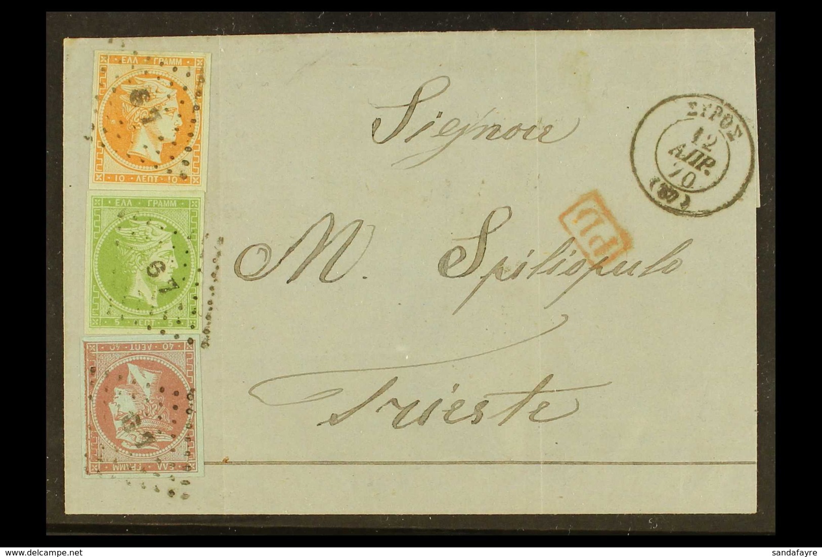 1870 THREE-COLOURS FRANKING. 1870 (12 Apr) Entire Addressed To Trieste, Bearing 1867-69 5L, 10L & 40L Large Hermes Clean - Sonstige & Ohne Zuordnung