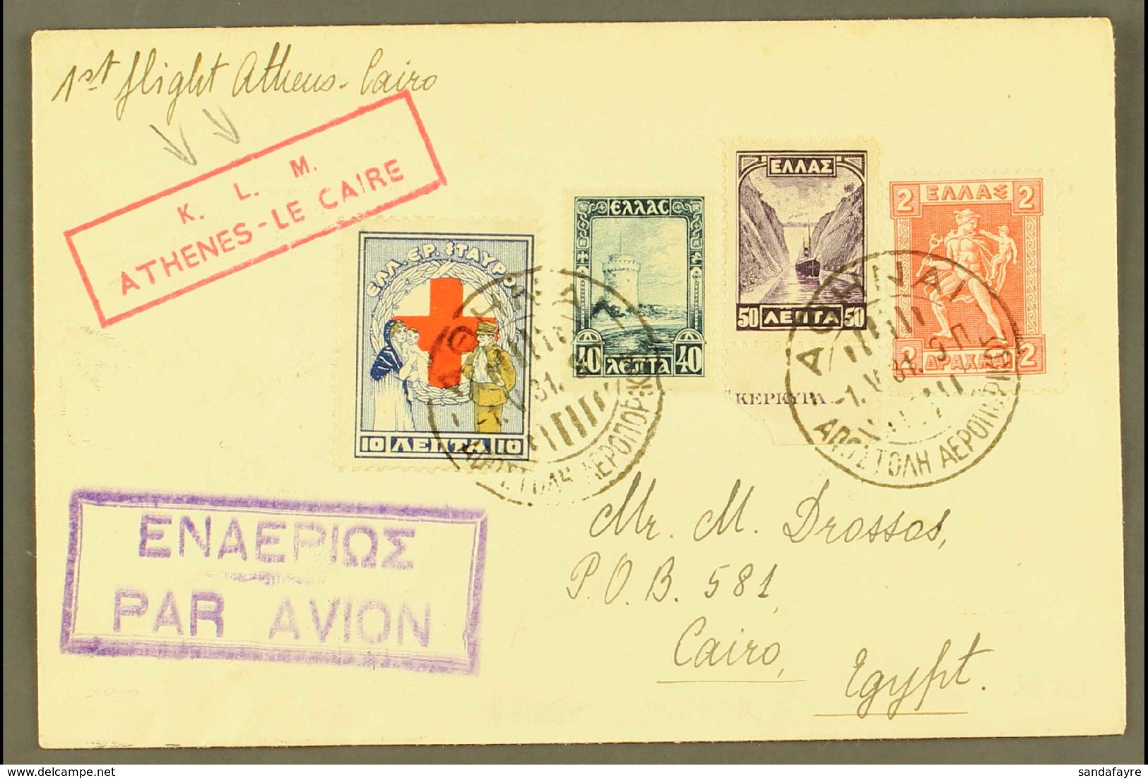 1931 FIRST FLIGHT COVER (May 1st) Athens To Cairo First Flight Cover, One Of Only 82 Covers Carried Bearing KLM Cachet.  - Autres & Non Classés