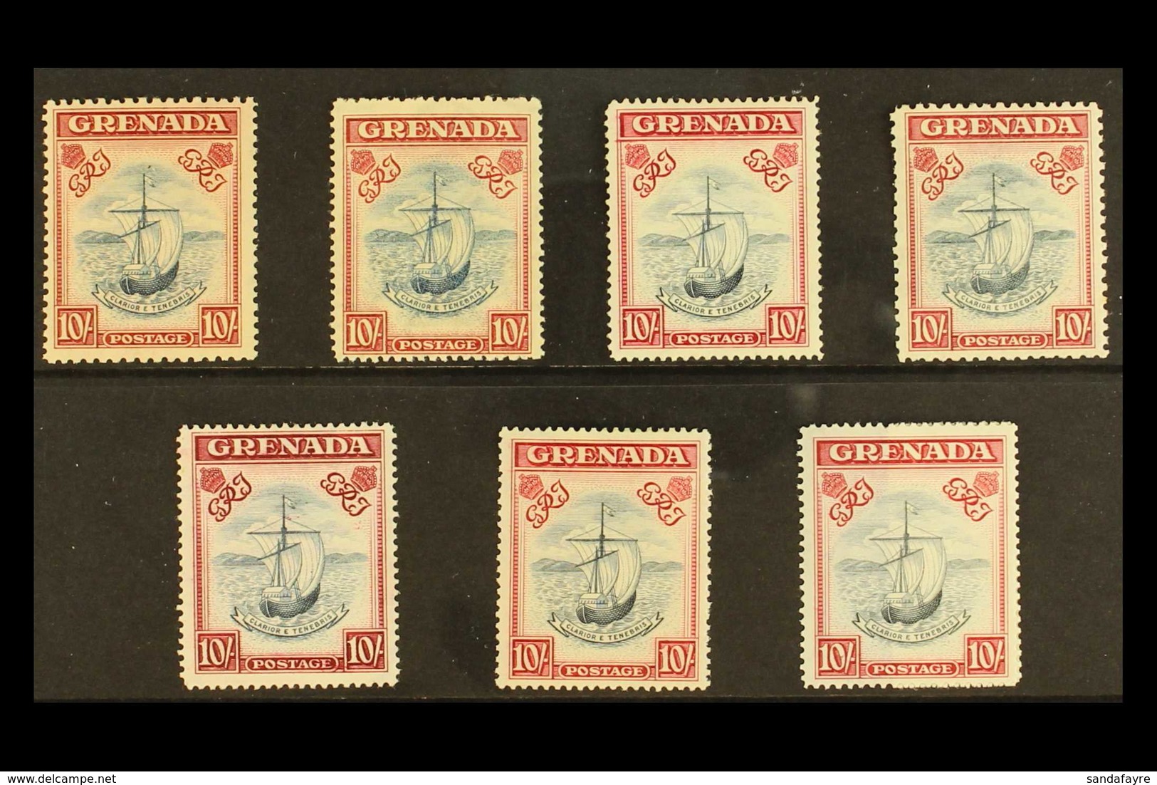 1938 - 1950 10s Blue And Carmine, Badge Of The Colony, Complete Set Of SG Listed Issues, SG 163 - 163f, Very Fine Mint.  - Grenade (...-1974)