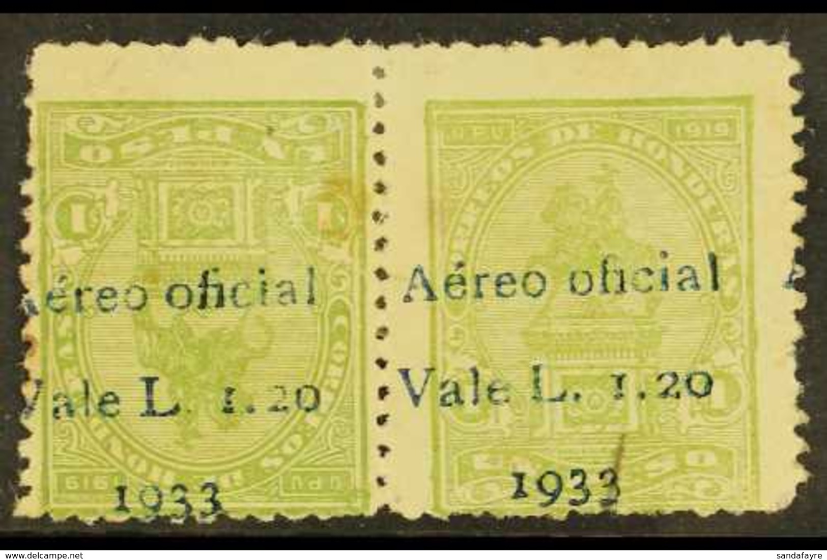 1933 OFFICIAL AIR 1.20L On 1p Yellow- Green (Statue) TETE-BECHE PAIR, Mint With Several Small Faults Incl Short Repaired - Honduras