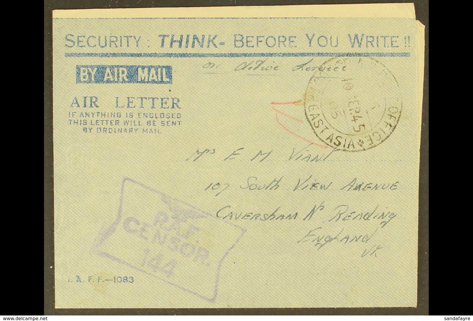 1945 BRITISH MILITARY FORCES AEROGRAMME (Kessler 200) "Security: Think - Before You Write !!", With R.A.F. Post Office S - Sonstige & Ohne Zuordnung