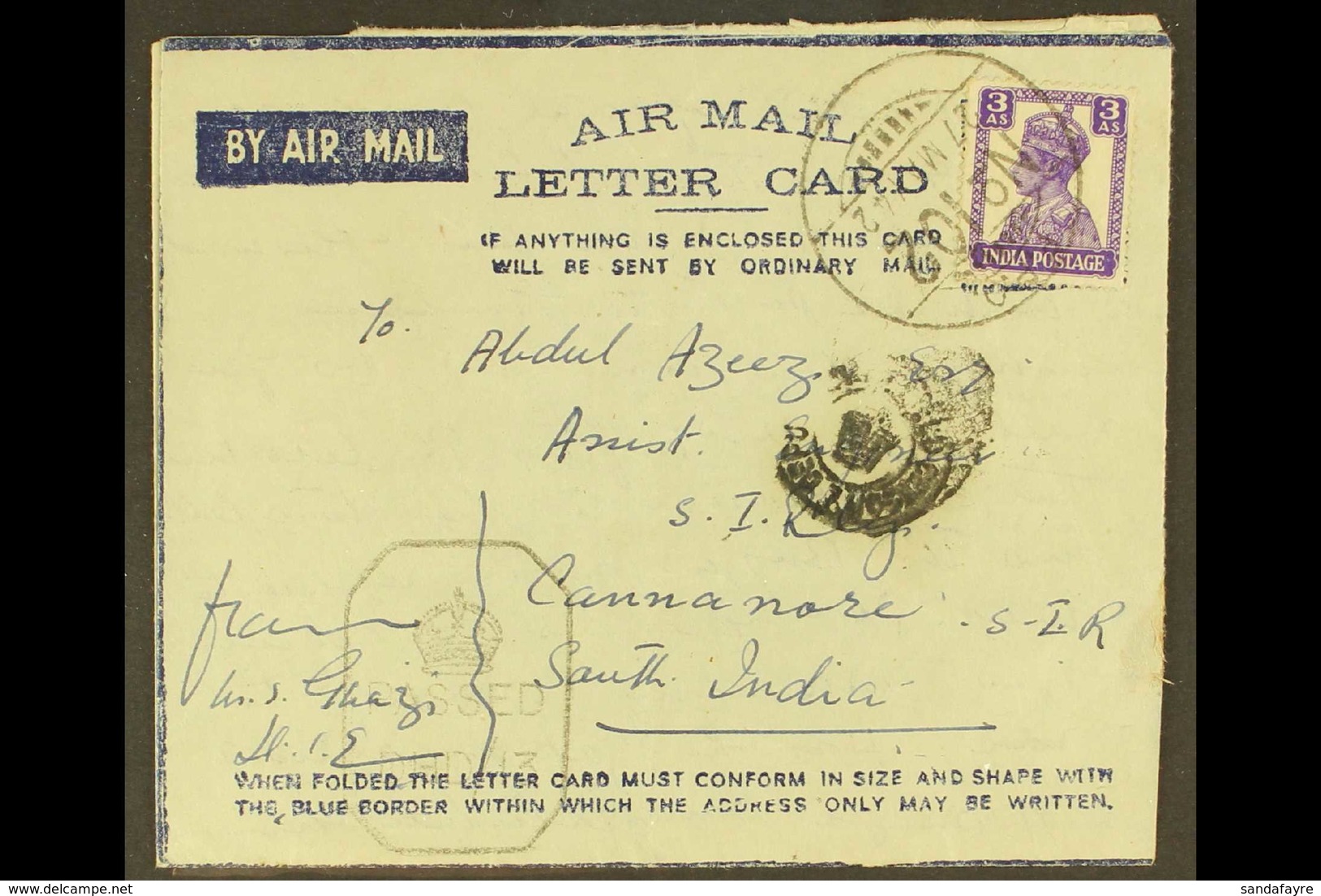 USED IN IRAQ 1942 (27 May) Air Letter With India 3a Stamp Tied FPO No. 102 Of 27th May 1942 (Mosul) Cds Pmk, Variously C - Autres & Non Classés