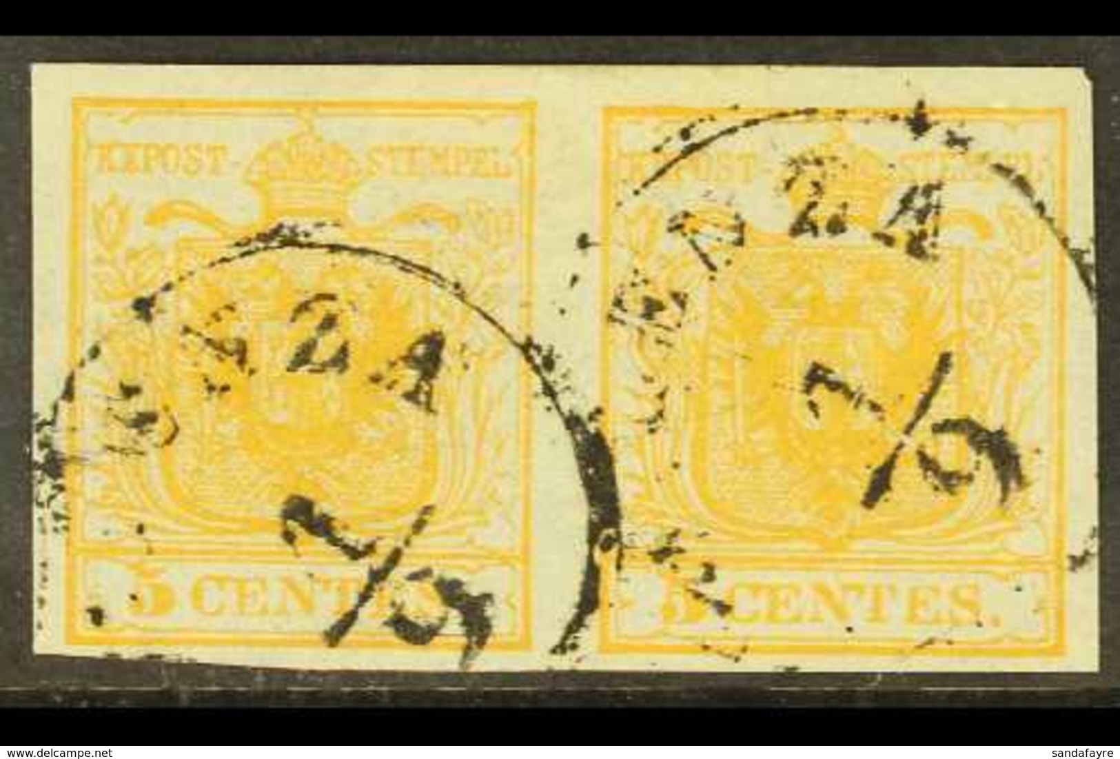 LOMBARDY VENETIA 1850 5c Pale Yellow Orange, Sass 1g, Superb Used Pair. For More Images, Please Visit Http://www.sandafa - Ohne Zuordnung
