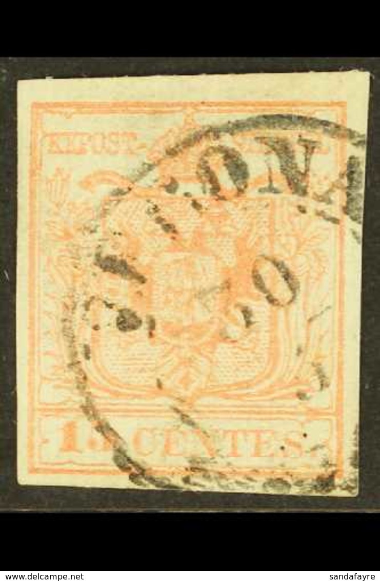 LOMBARDY VENETIA 1850 15c Pale Red On Vertically Ribbed Paper, Type 2, Sass 15, Very Fine Used. For More Images, Please  - Non Classés