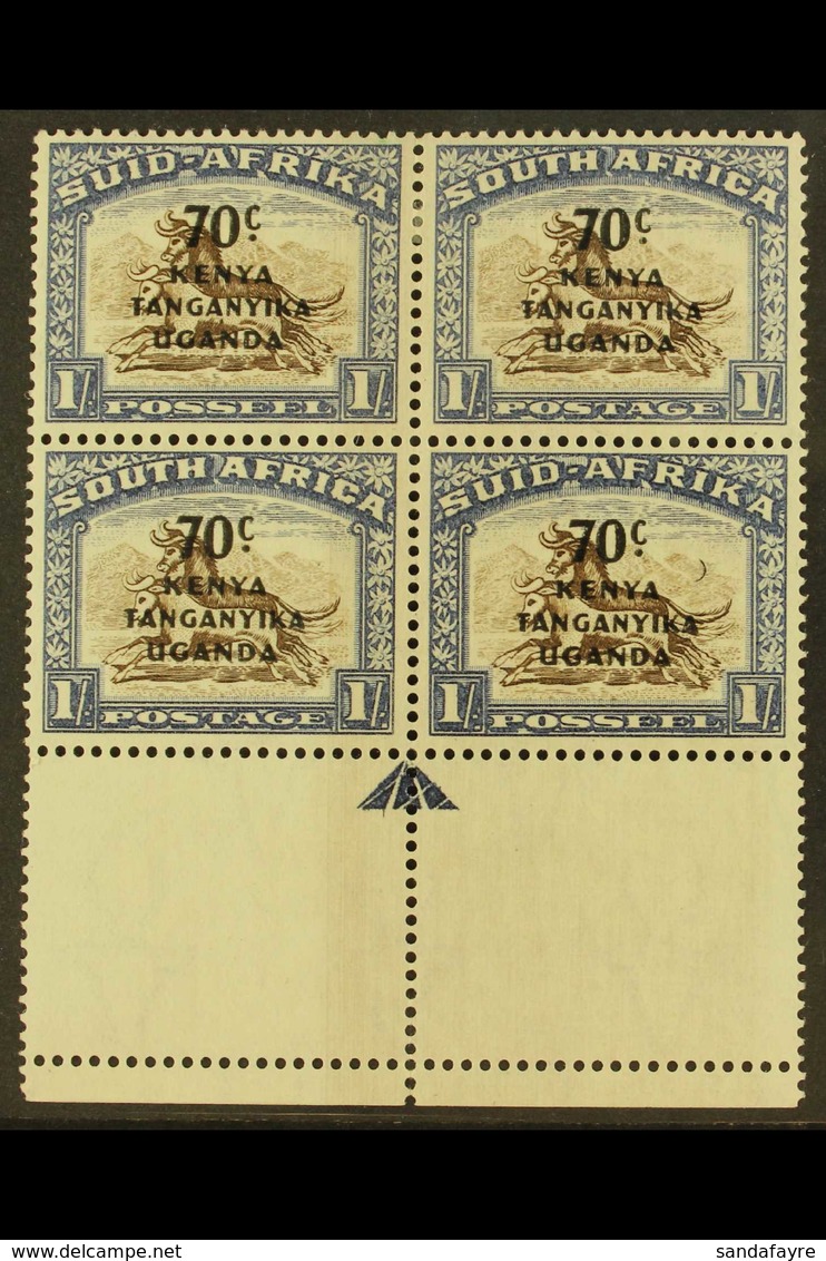 1941-42 70c On 1s Brown And Chalky Blue With "Crescent Moon" Flaw, SG 154a, Very Fine Mint Marginal BLOCK OF FOUR With T - Vide