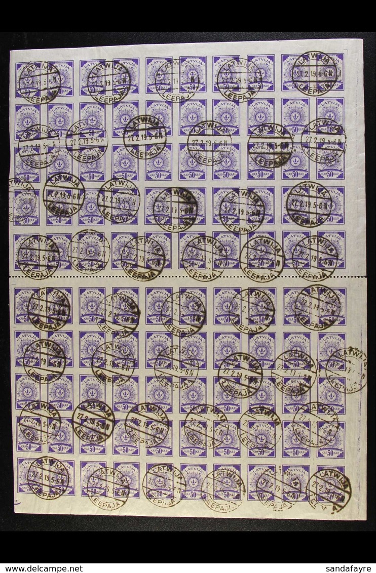 1919 50k Violet Imperf On Thin Paper (Michel 13 B/C, SG 13A), Fine Cds Used COMPLETE SHEET Of 100 Perforated Between Upp - Lettland